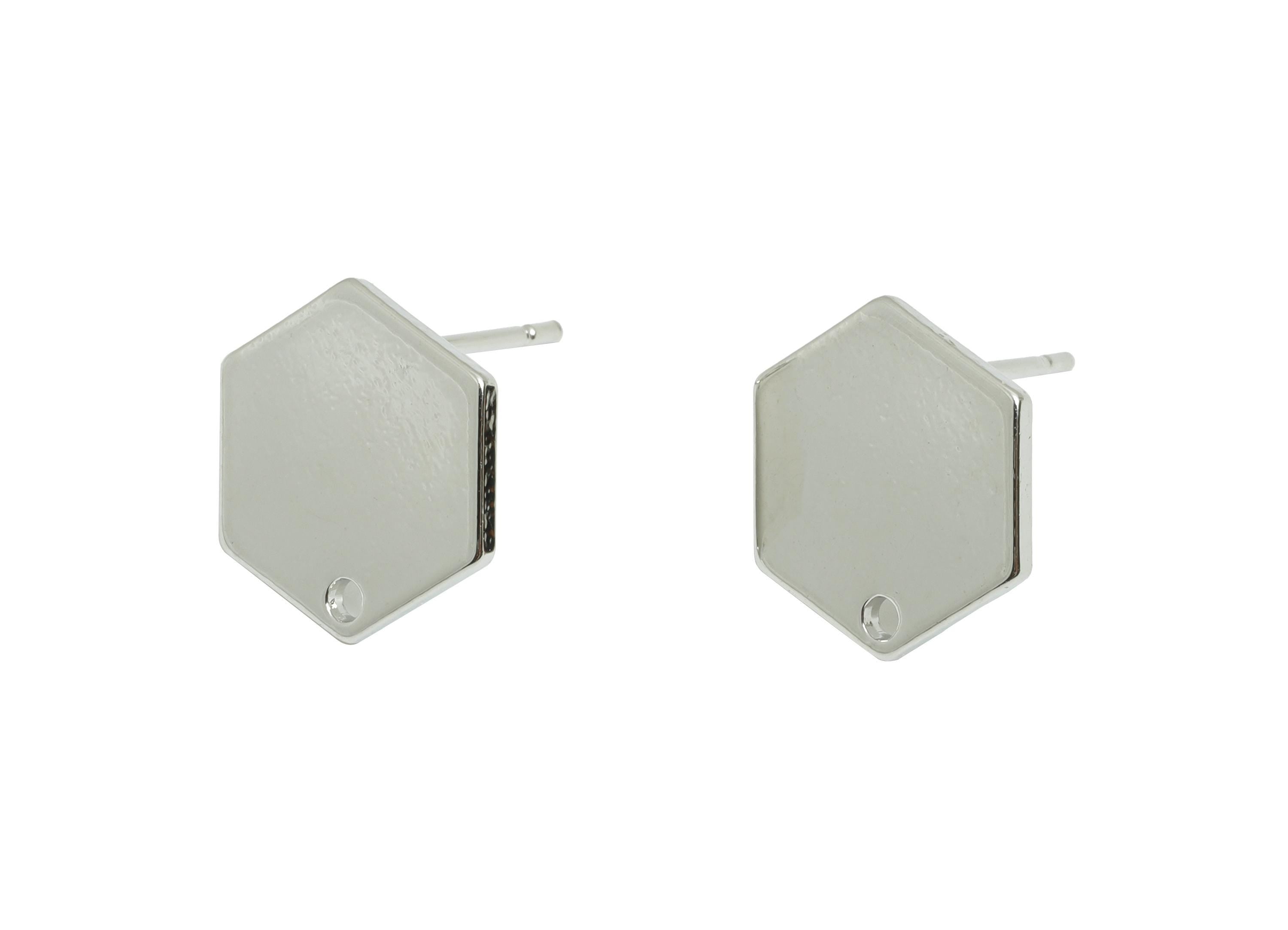 Brass Hexagon Earring Post - Brass DIY Earring Stud With Hole - Craft Earring Accessories - 18k Real White Gold Plated - 8x5x3mm - RGP10019 - DOMEDBAZAAR