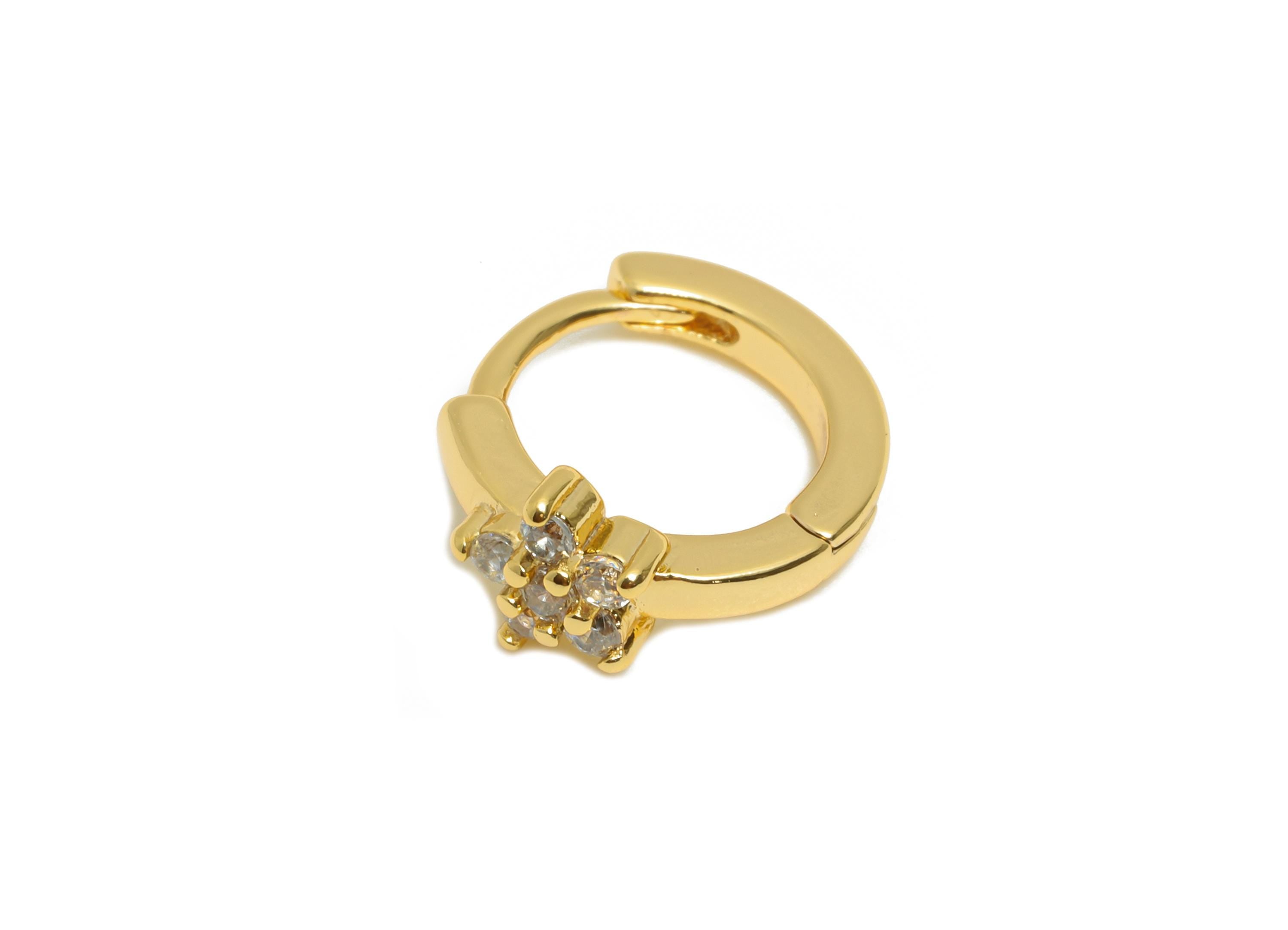 Brass CZ Huggie Hoop Earring - Flower Zircon Earring - Botanical Floral Huggie Hoop Clasp - 18K Real Gold Plated - 12.8x10.64x5mm - RGP10948 - DOMEDBAZAAR