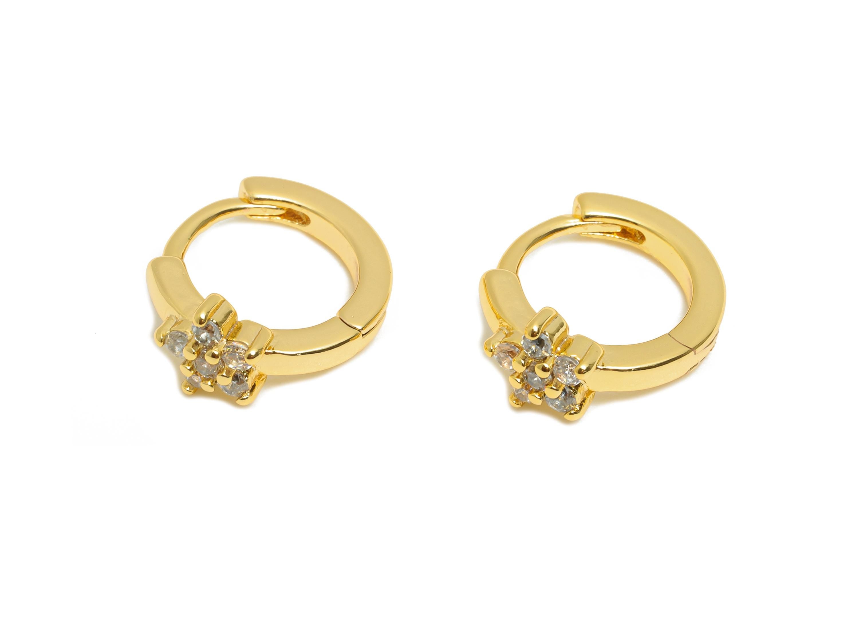Brass CZ Huggie Hoop Earring - Flower Zircon Earring - Botanical Floral Huggie Hoop Clasp - 18K Real Gold Plated - 12.8x10.64x5mm - RGP10948 - DOMEDBAZAAR