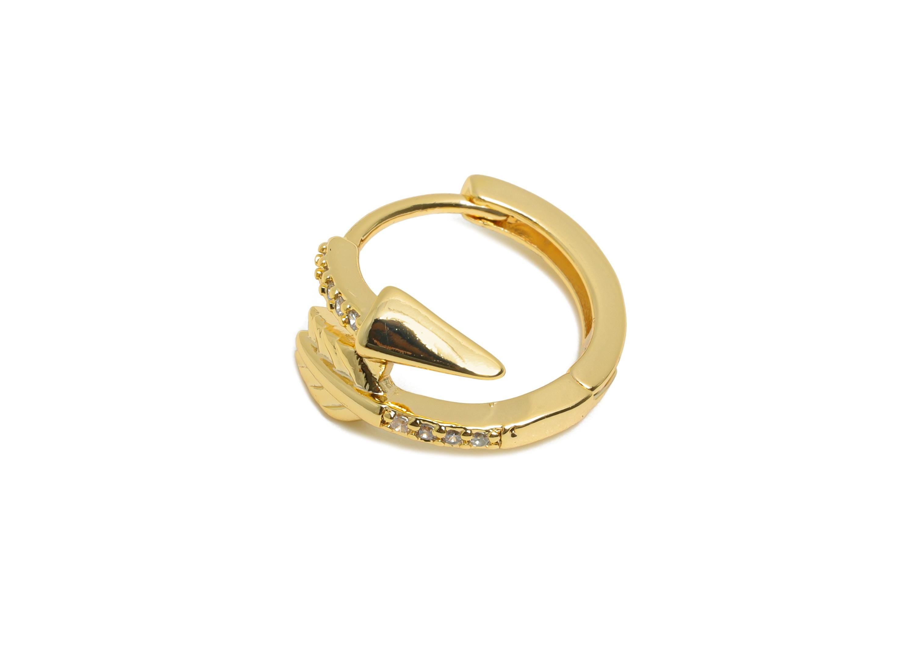 Brass CZ Huggie Hoop Earring - Brass Arrow Zircon Earring - Statement Huggie Hoop Clasp - 18K Real Gold Plated - 14.63x13x6.9mm - RGP10848 - DOMEDBAZAAR