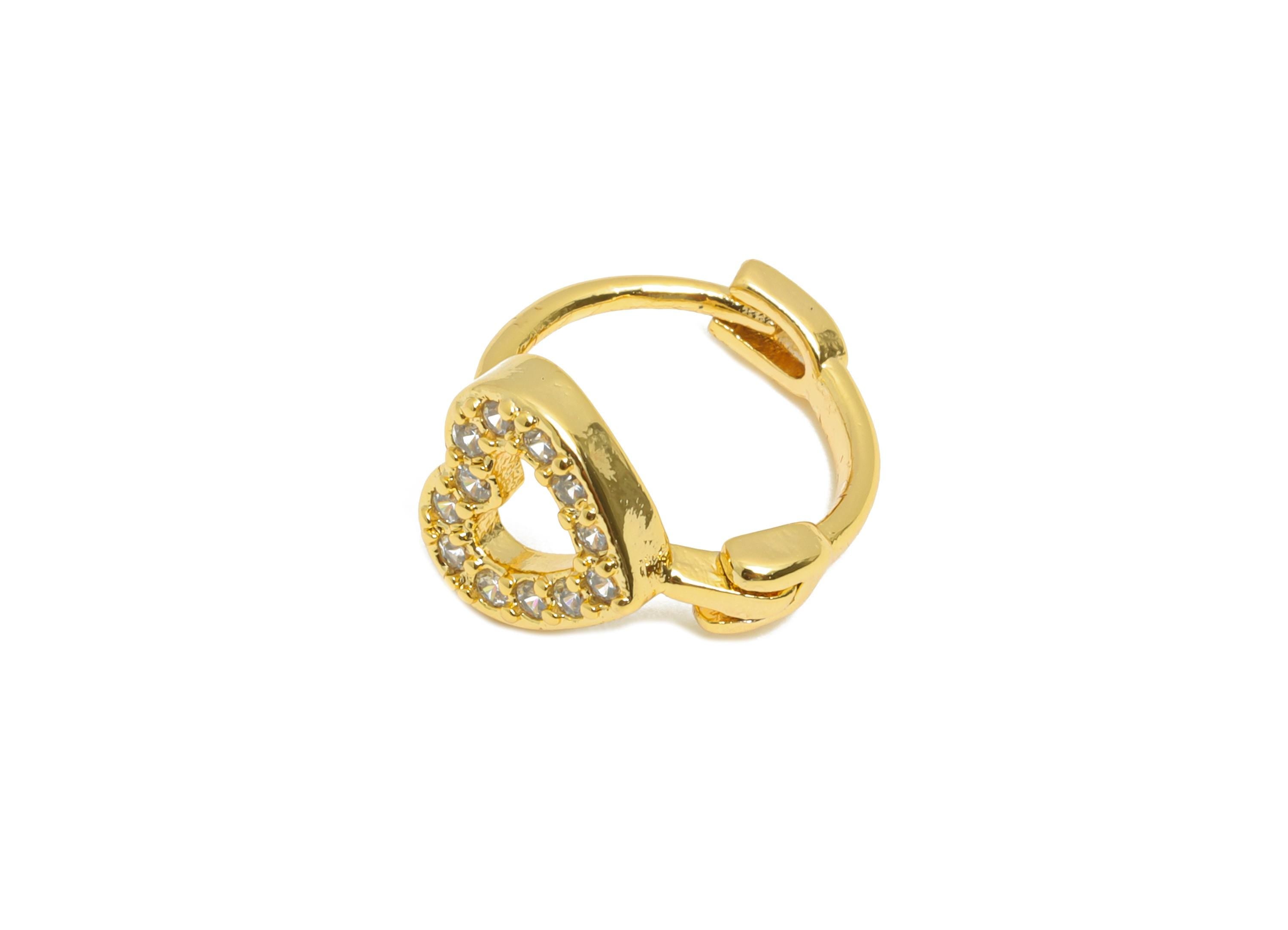 Brass CZ Huggie Hoop Earring - Everyday Heart Zircon Earring - Minimalist Huggie Hoop Clasps - 18K Real Gold Plated - 12x10x6.9mm - RGP10887 - DOMEDBAZAAR