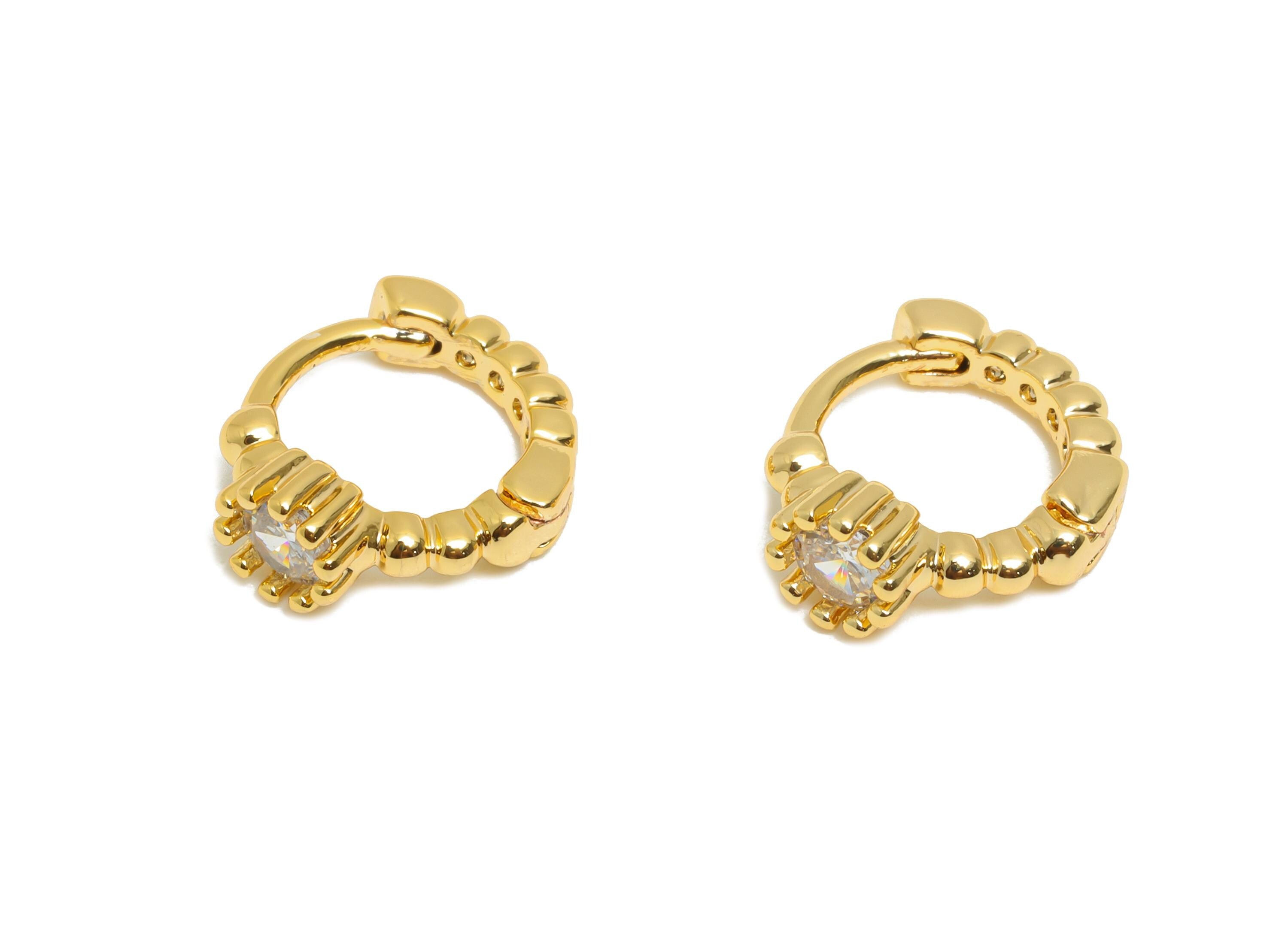 Brass CZ Huggie Hoop Earring - Textured Brass Zircon Earring - Mini Huggie Hoop Clasp - 18K Real Gold Plated - 12.24x11.27x3.4mm - RGP10850 - DOMEDBAZAAR