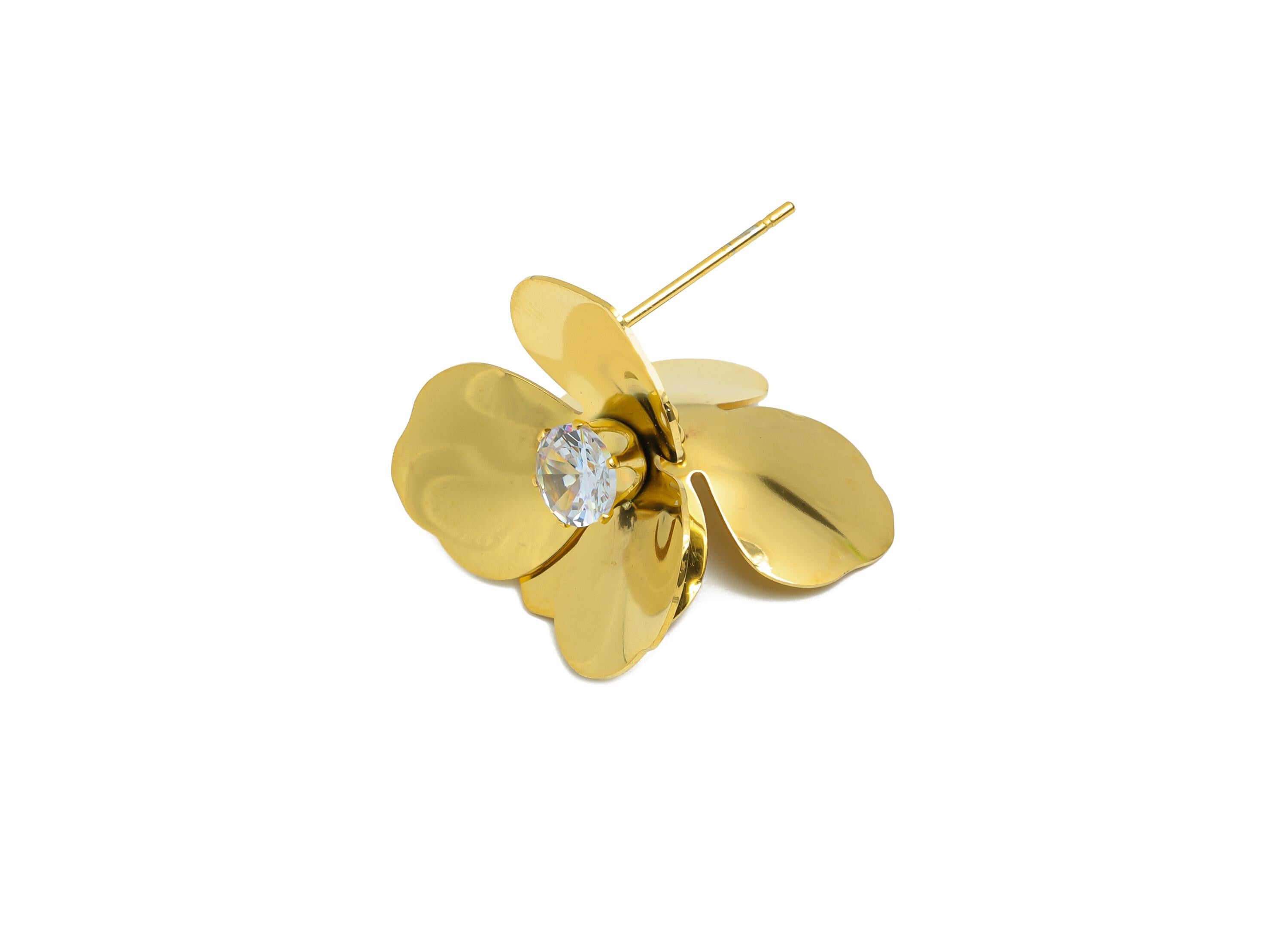 Steel 3D Dangle Petal Stud - Unique Cubic Zircon Flower Post - Statement Golden Botanical Stud - Gold Vacuum Plated - 22.37x23x8mm - SS2418 - DOMEDBAZAAR