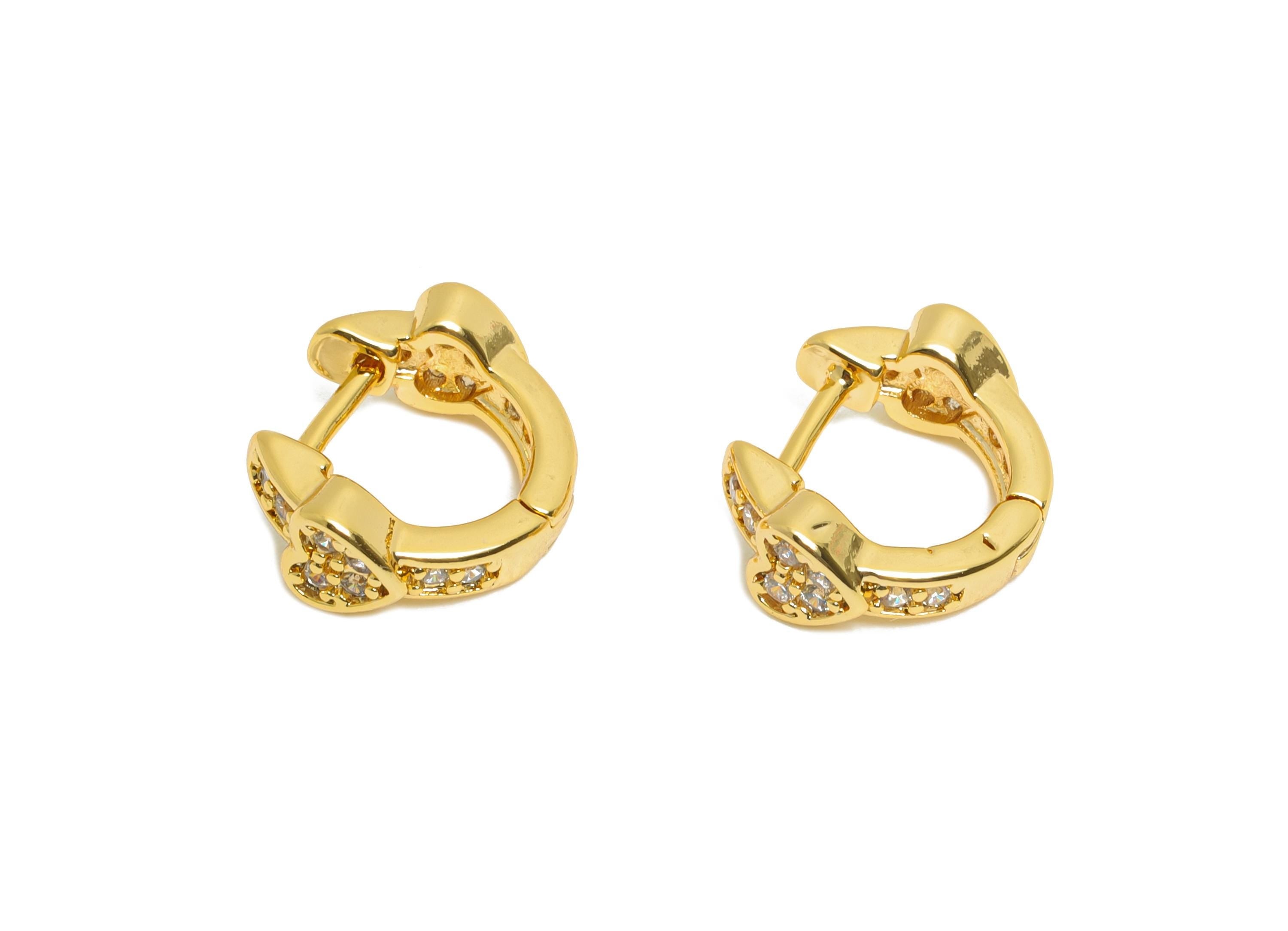 Brass Huggie Hoop Earring - Mini Heart Zircon Hoop Earring - Sparking Romantic Hoop Earring - 18K Real Gold Plated - 11.2x9x4mm - RGP10865 - DOMEDBAZAAR