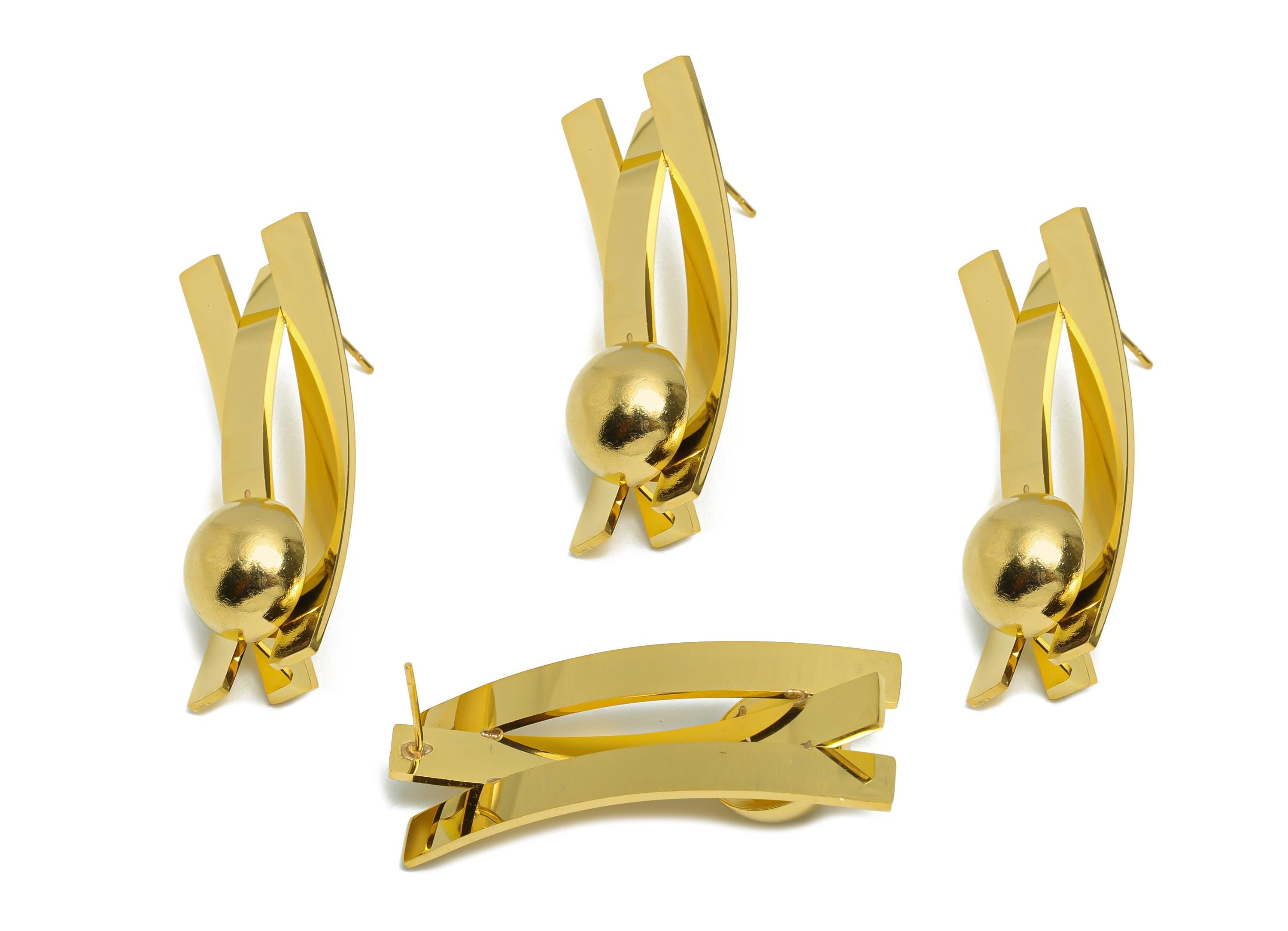 Steel Geometric Earring Stud - Modern Bar and Half Ball Earrings - Bold Statement Metal Post - Vacuum Gold Plating - 40.7x15x10.8mm - SS2419 - DOMEDBAZAAR