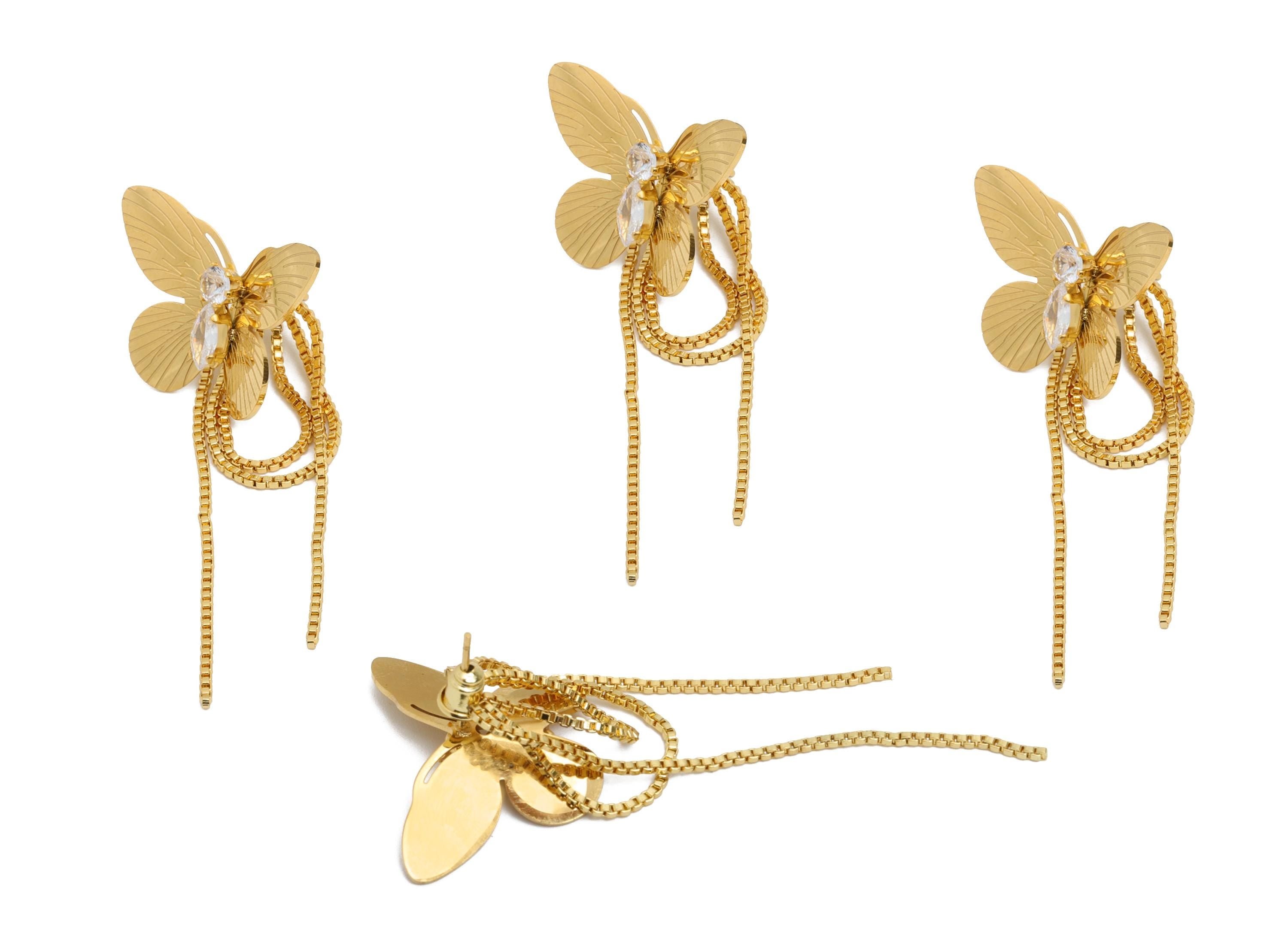 Steel Butterfly Dangle Earring Stud - Delicate Gold CZ Hanging Post - Chic Box Chain Tassel Stud - Gold Vacuum Plated - 63x28.6x8mm - SS2413 - DOMEDBAZAAR