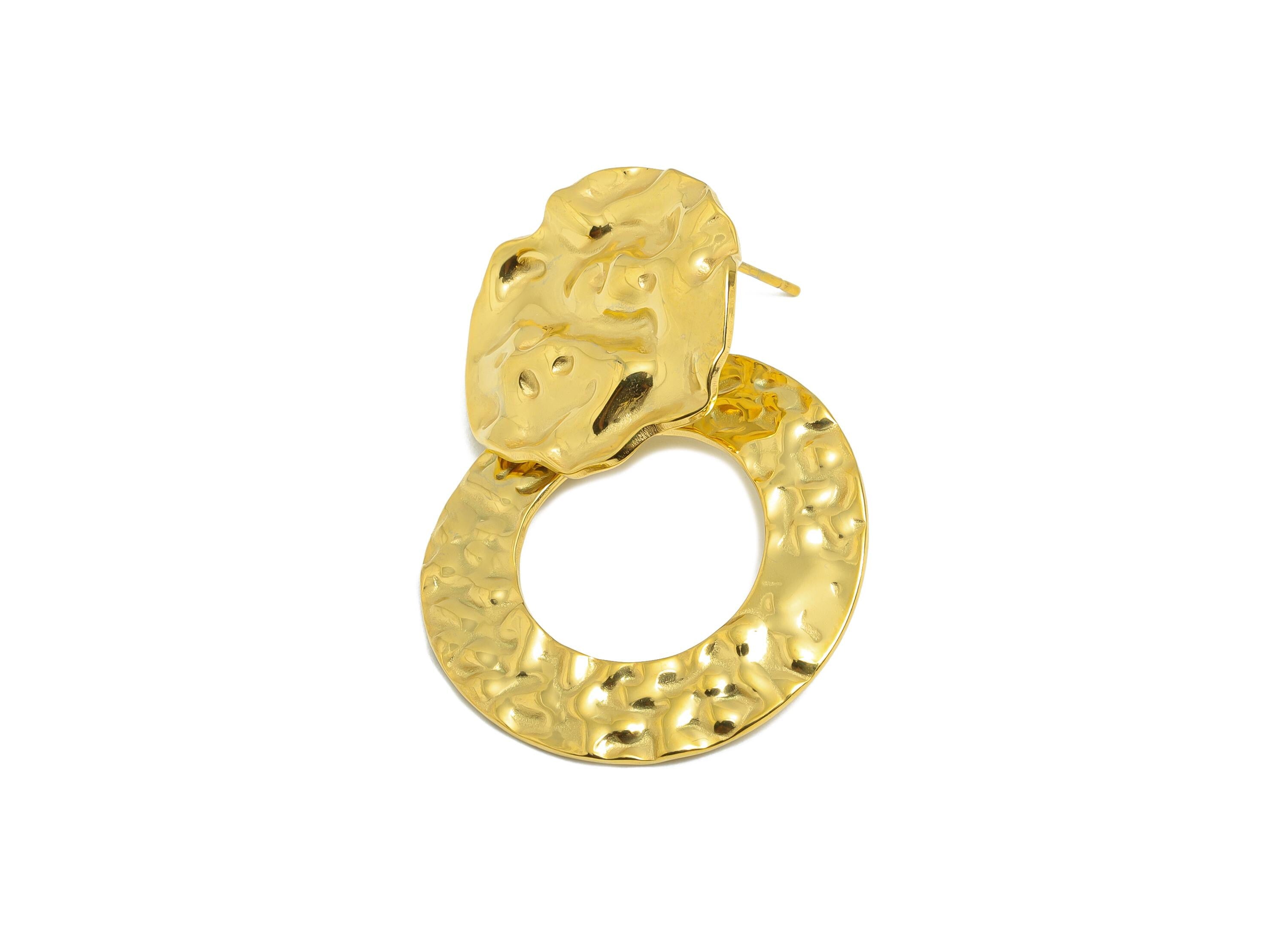 Steel Round Earring Stud - Modern Hammered Geometric Earrings - Textured Gold Statement Earring - Vacuum Gold Plating - 47.5x31x1mm - SS2411 - DOMEDBAZAAR