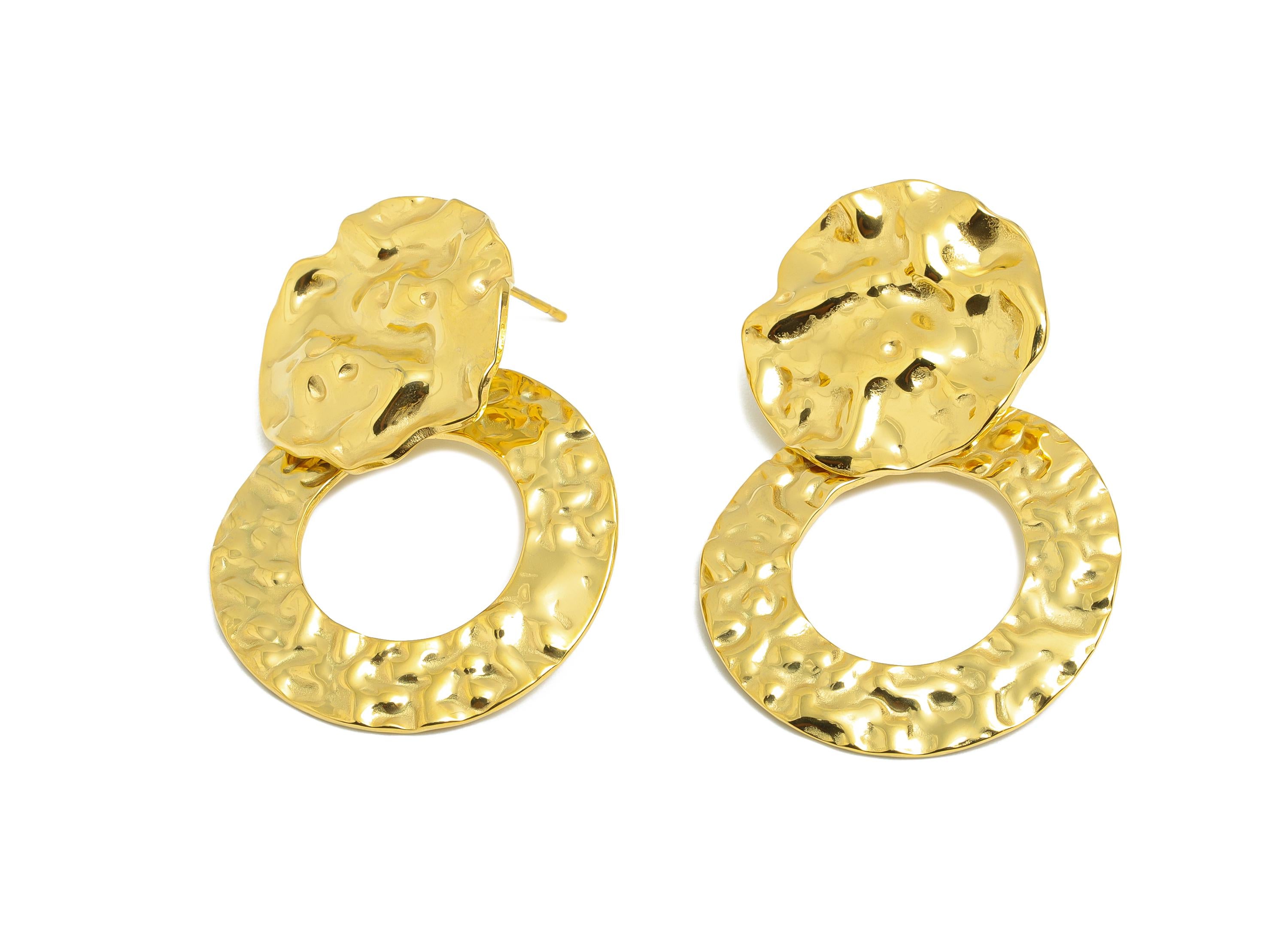 Steel Round Earring Stud - Modern Hammered Geometric Earrings - Textured Gold Statement Earring - Vacuum Gold Plating - 47.5x31x1mm - SS2411 - DOMEDBAZAAR