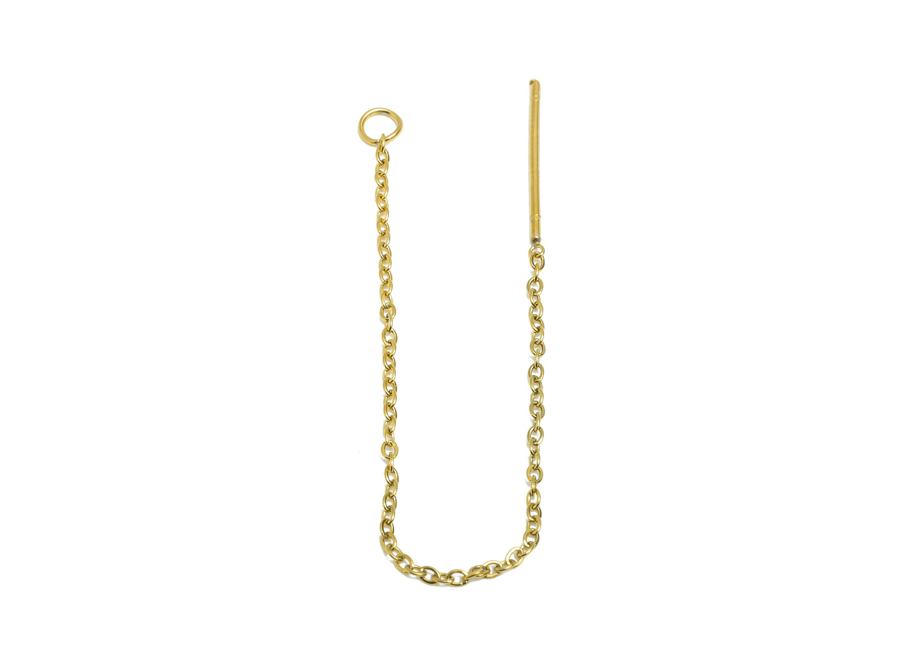 7cm Steel Dangle Chain Earring Post - Flat Cable Chain Earring Stud - Threader Earrings With Loop - 18k Real Vacuum Plating - SS2133G - DOMEDBAZAAR