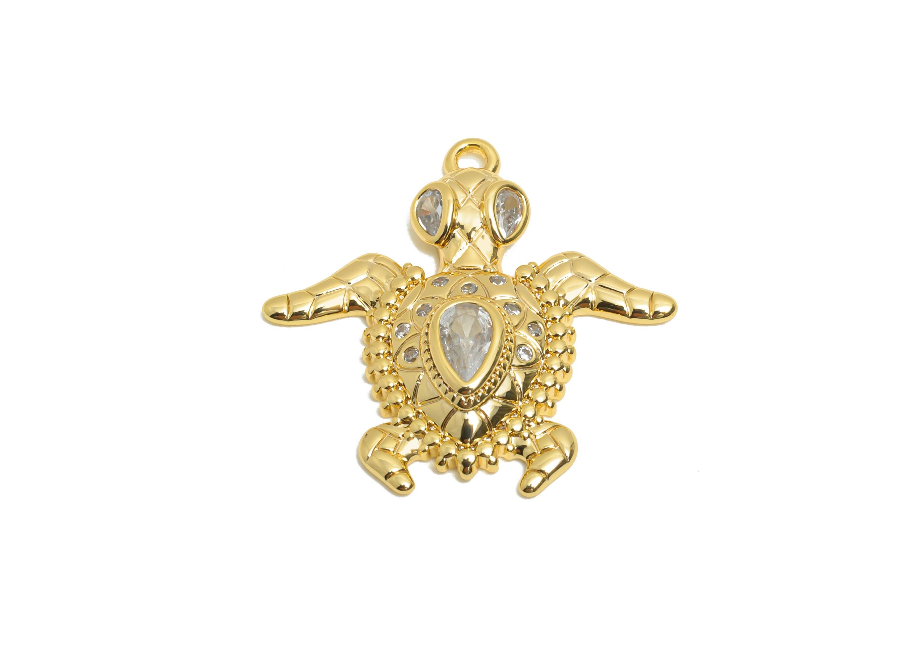 Brass Gold Turtle Pendant - Cubic Zircon Marine Life Charms - Sparkling Necklace Charm - 18K Real Gold Plating - 21.8x21.7x3.3mm - RGP10964 - DOMEDBAZAAR
