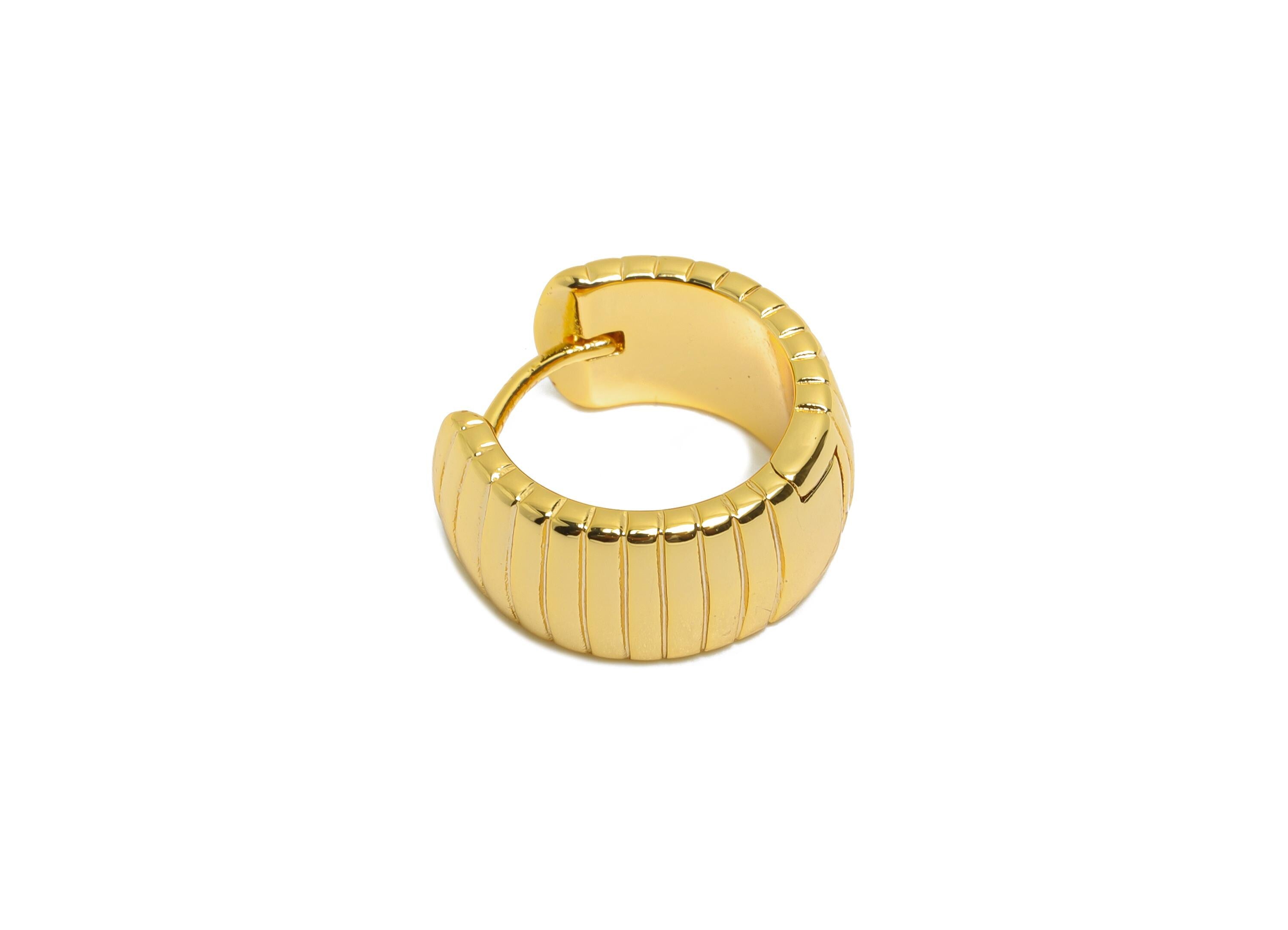 Brass Textured Hoop Earring - Chunky Huggie Hoop Clasp Earring - Modern Everyday Wear Earring - 18K Real Gold Plated - 15x14x2mm- RGP10803 - DOMEDBAZAAR