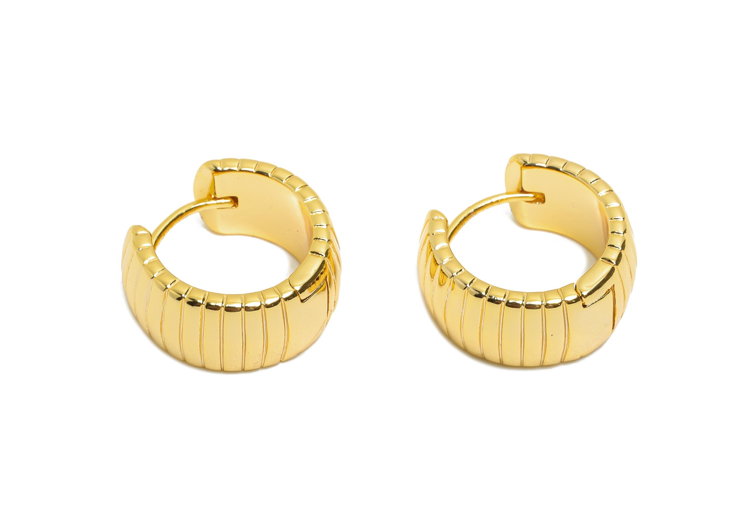 Brass Textured Hoop Earring - Chunky Huggie Hoop Clasp Earring - Modern Everyday Wear Earring - 18K Real Gold Plated - 15x14x2mm- RGP10803 - DOMEDBAZAAR