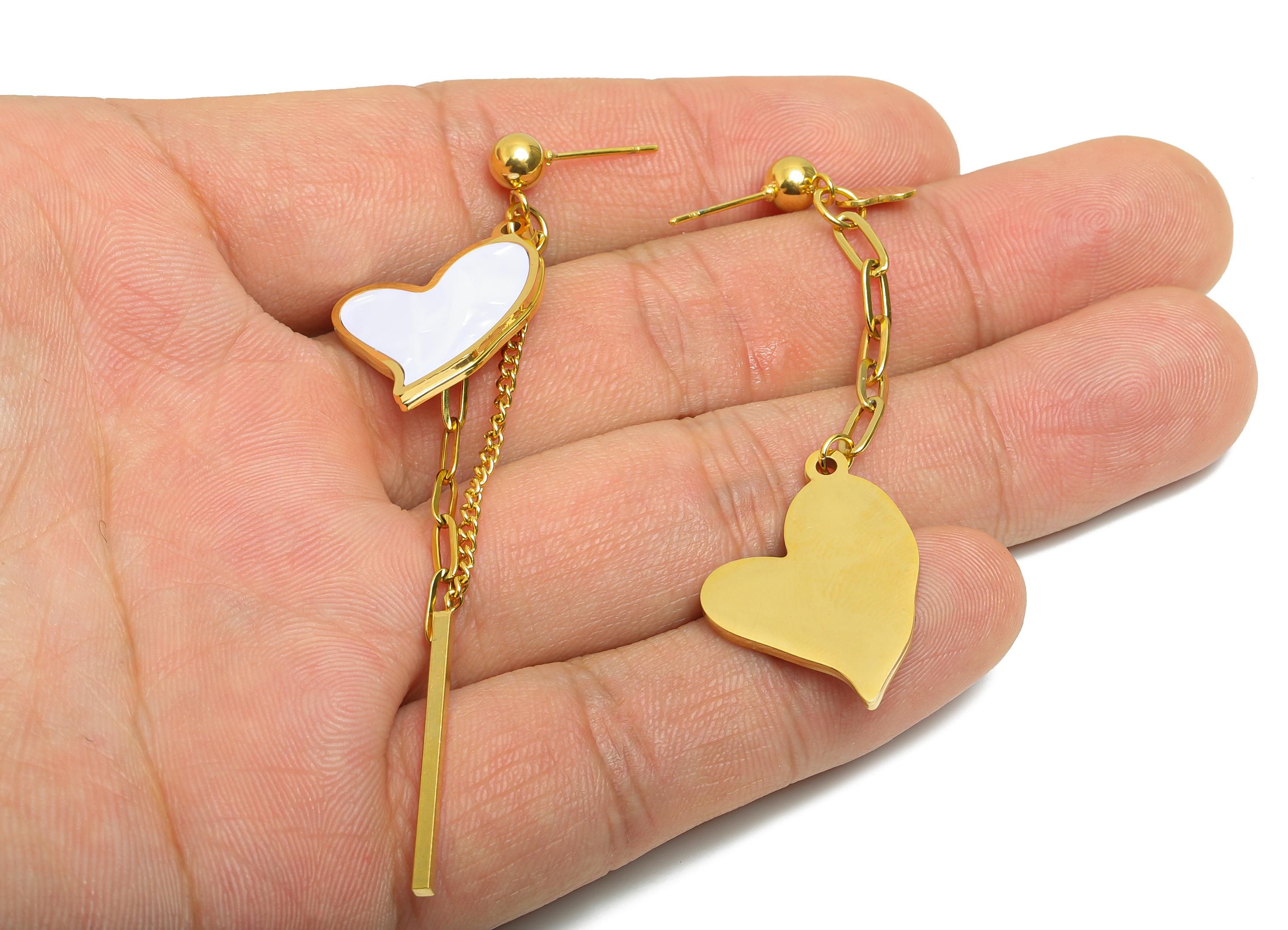Steel Heart Dangle Tassel Stud - Gold Asymmetrical Heart Hanging Post - Chic Chain Tassel Stud - Gold Vacuum Plated - 73.5x18x1.8mm - SS2415 - DOMEDBAZAAR