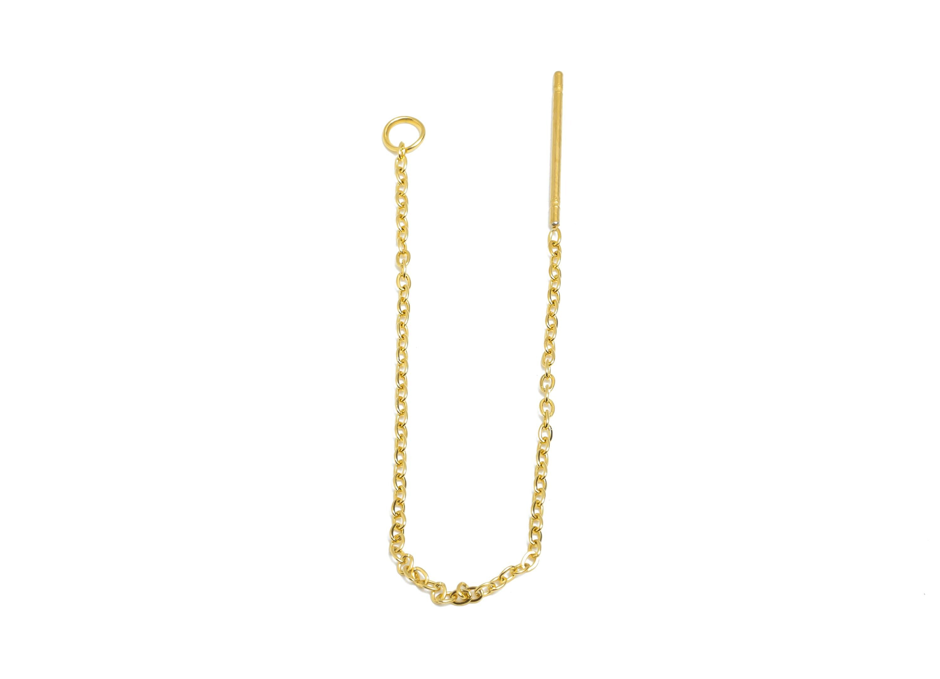 8cm Steel Dangle Chain Earring Post - Flat Cable Chain Earring Stud - Threader Earrings With Loop - 18k Real Vacuum Plating - SS2134G - DOMEDBAZAAR