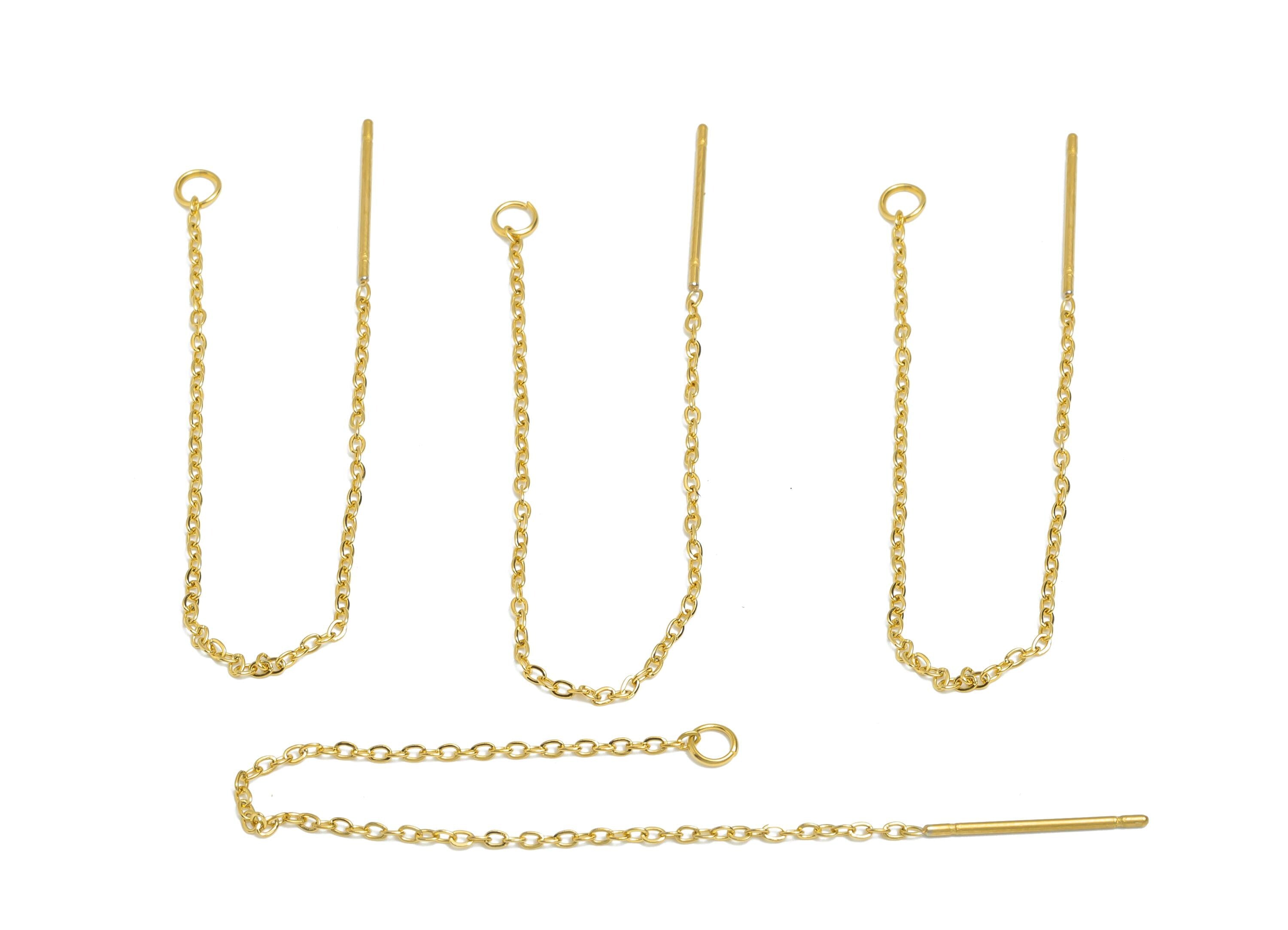 8cm Steel Dangle Chain Earring Post - Flat Cable Chain Earring Stud - Threader Earrings With Loop - 18k Real Vacuum Plating - SS2134G - DOMEDBAZAAR