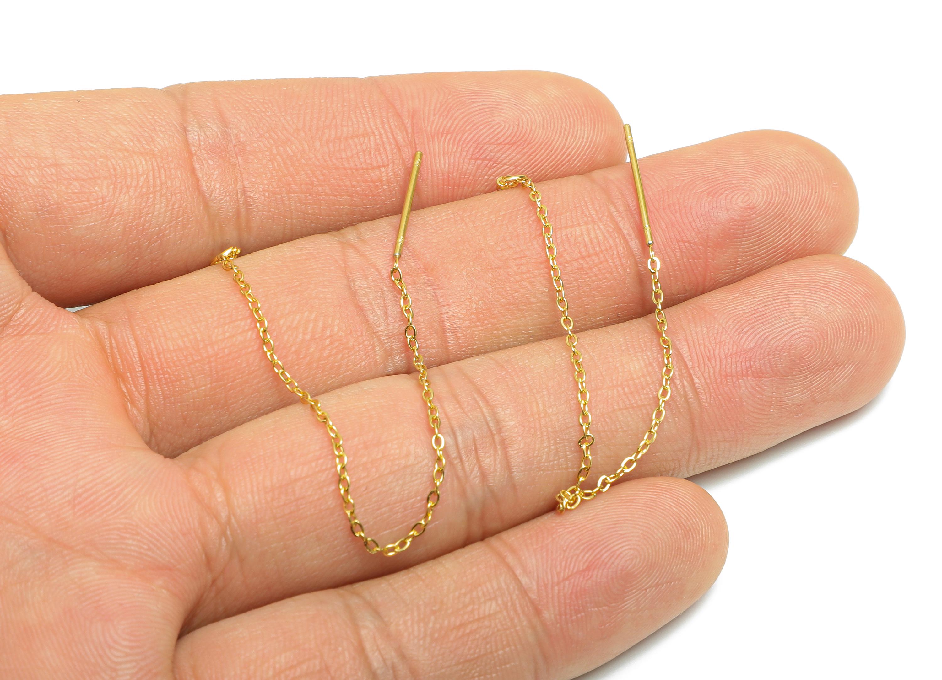 8cm Steel Dangle Chain Earring Post - Flat Cable Chain Earring Stud - Threader Earrings With Loop - 18k Real Vacuum Plating - SS2134G - DOMEDBAZAAR