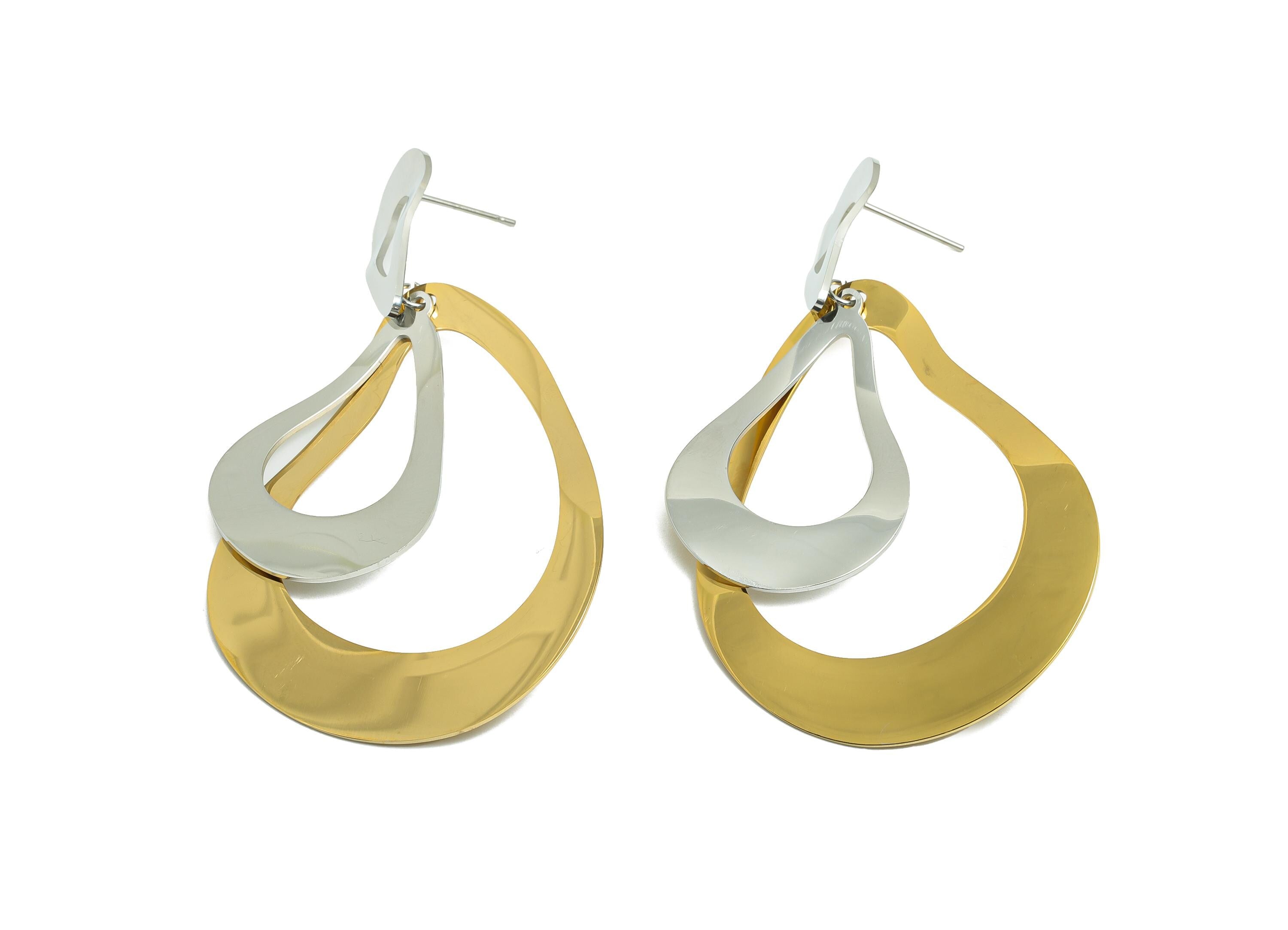 Stainless Steel Drop Earring Stud - Abstract Geometric Earring Stud - Bold Dangle Earring Post - Vacuum Gold Plating - 72x39x0.85mm - SS2417