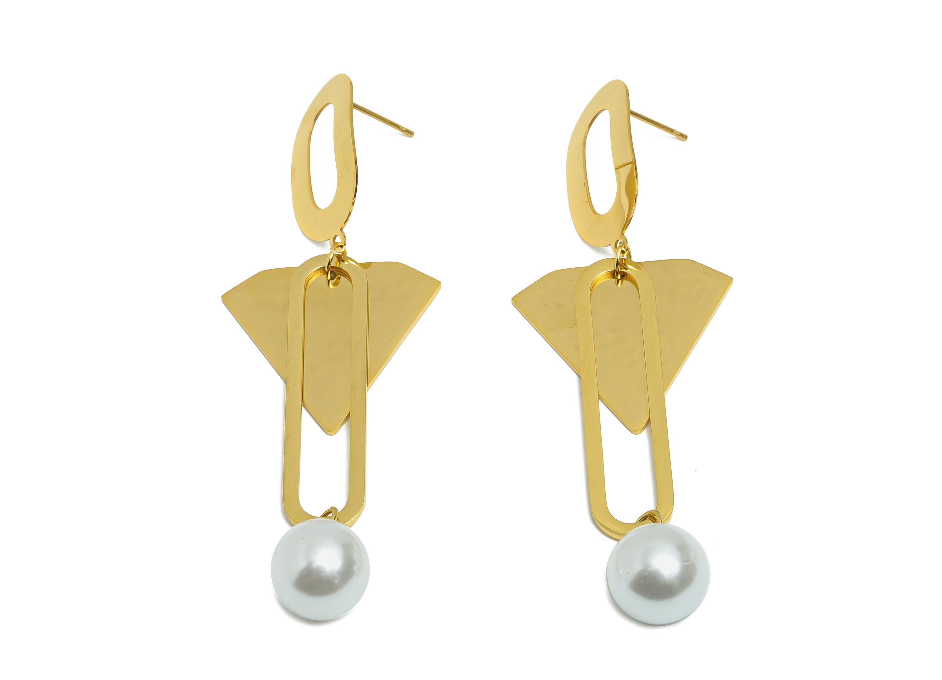 Steel Pearl Dangle Earring Stud - Steel Triangle Earring Post - Luxury Geometric Earring Post - Vacuum Gold Plating - 79x27x2mm - SS2420 - DOMEDBAZAAR