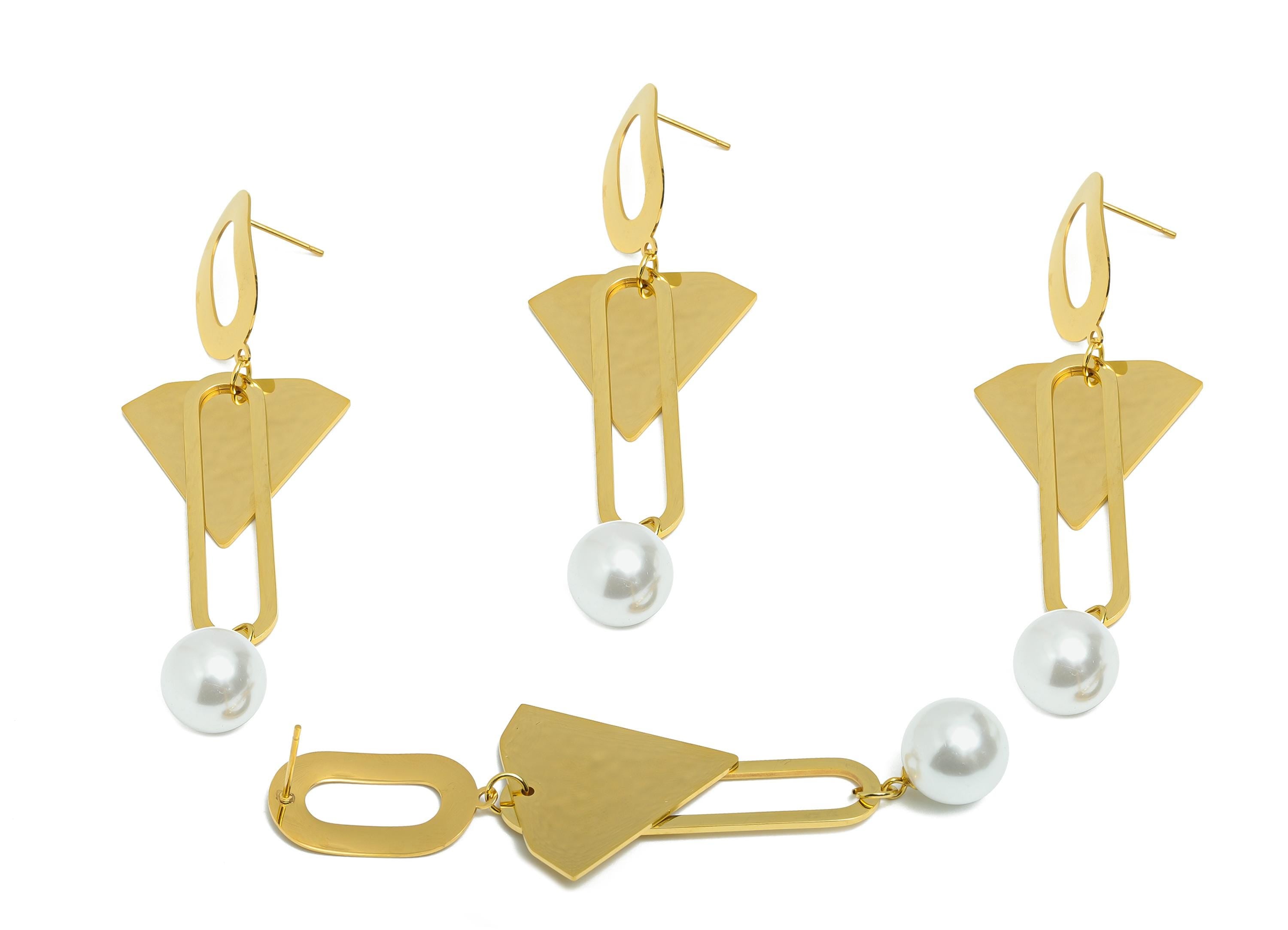 Steel Pearl Dangle Earring Stud - Steel Triangle Earring Post - Luxury Geometric Earring Post - Vacuum Gold Plating - 79x27x2mm - SS2420 - DOMEDBAZAAR