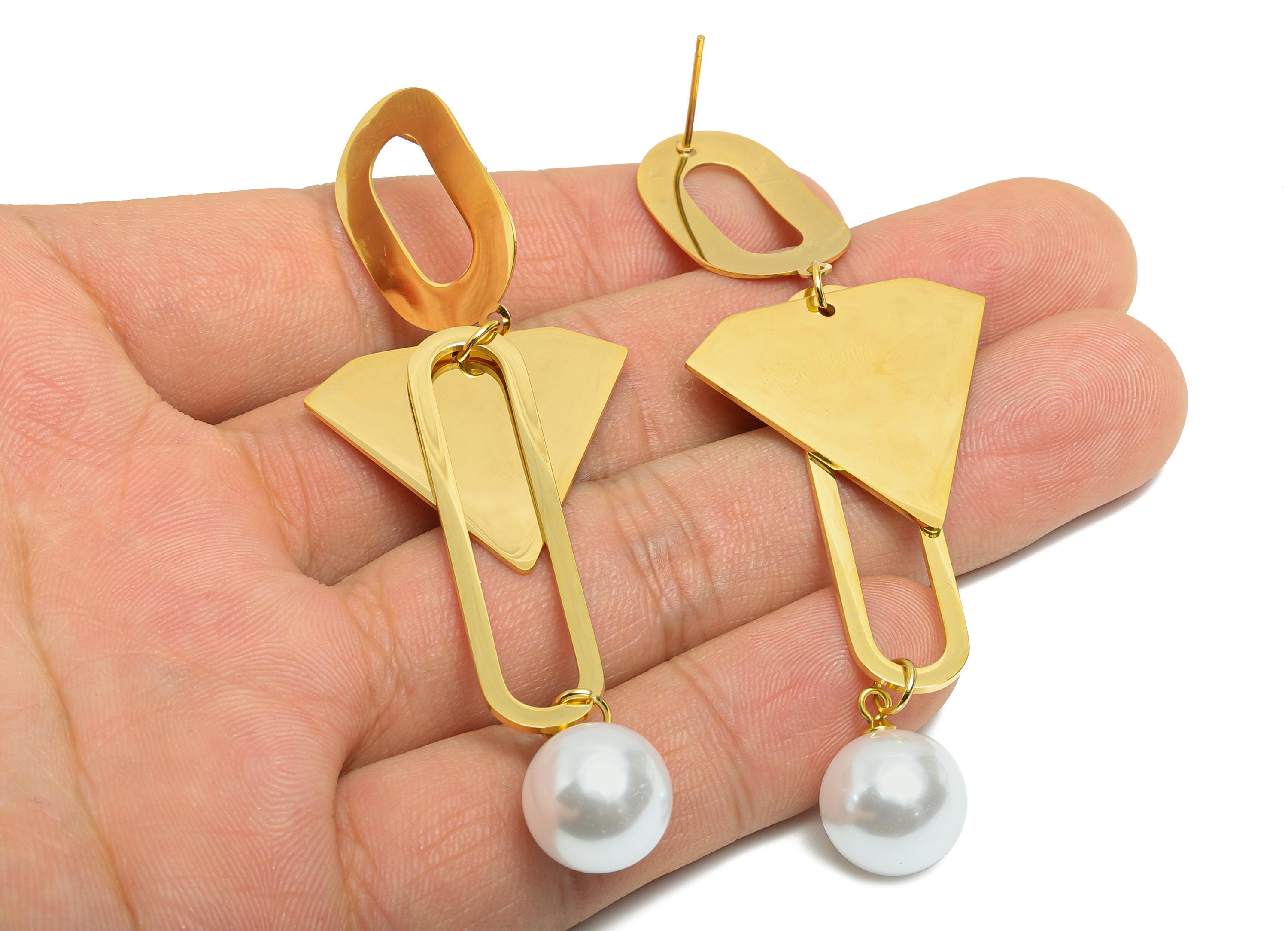 Steel Pearl Dangle Earring Stud - Steel Triangle Earring Post - Luxury Geometric Earring Post - Vacuum Gold Plating - 79x27x2mm - SS2420 - DOMEDBAZAAR
