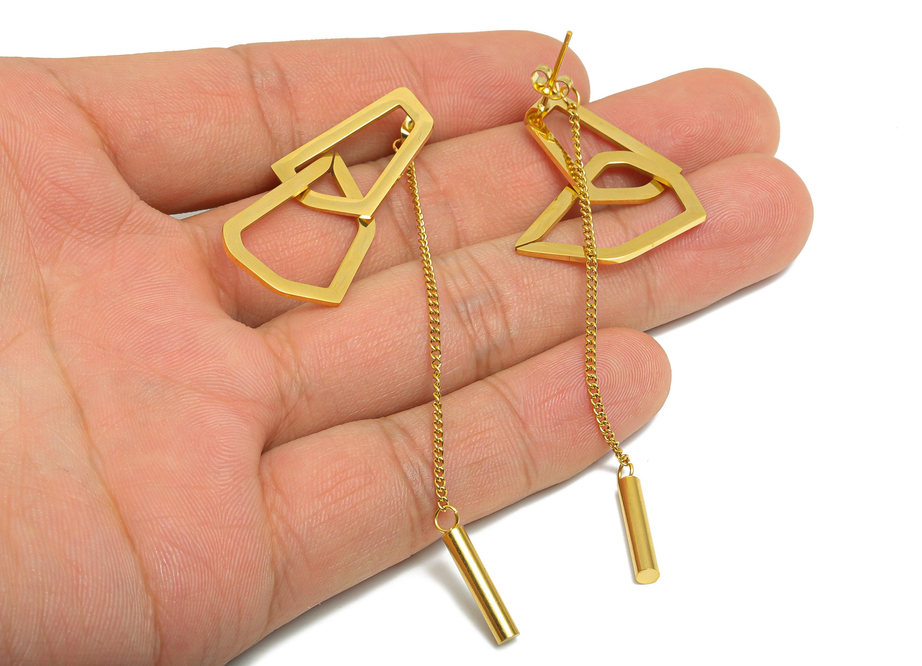 Steel Geometric Dangle Earring Stud - Chic Chain Earrings Stud - Elegant Modern Dangle Earring - Vacuum Gold Plating - 77x25x2.98mm - SS2416 - DOMEDBAZAAR