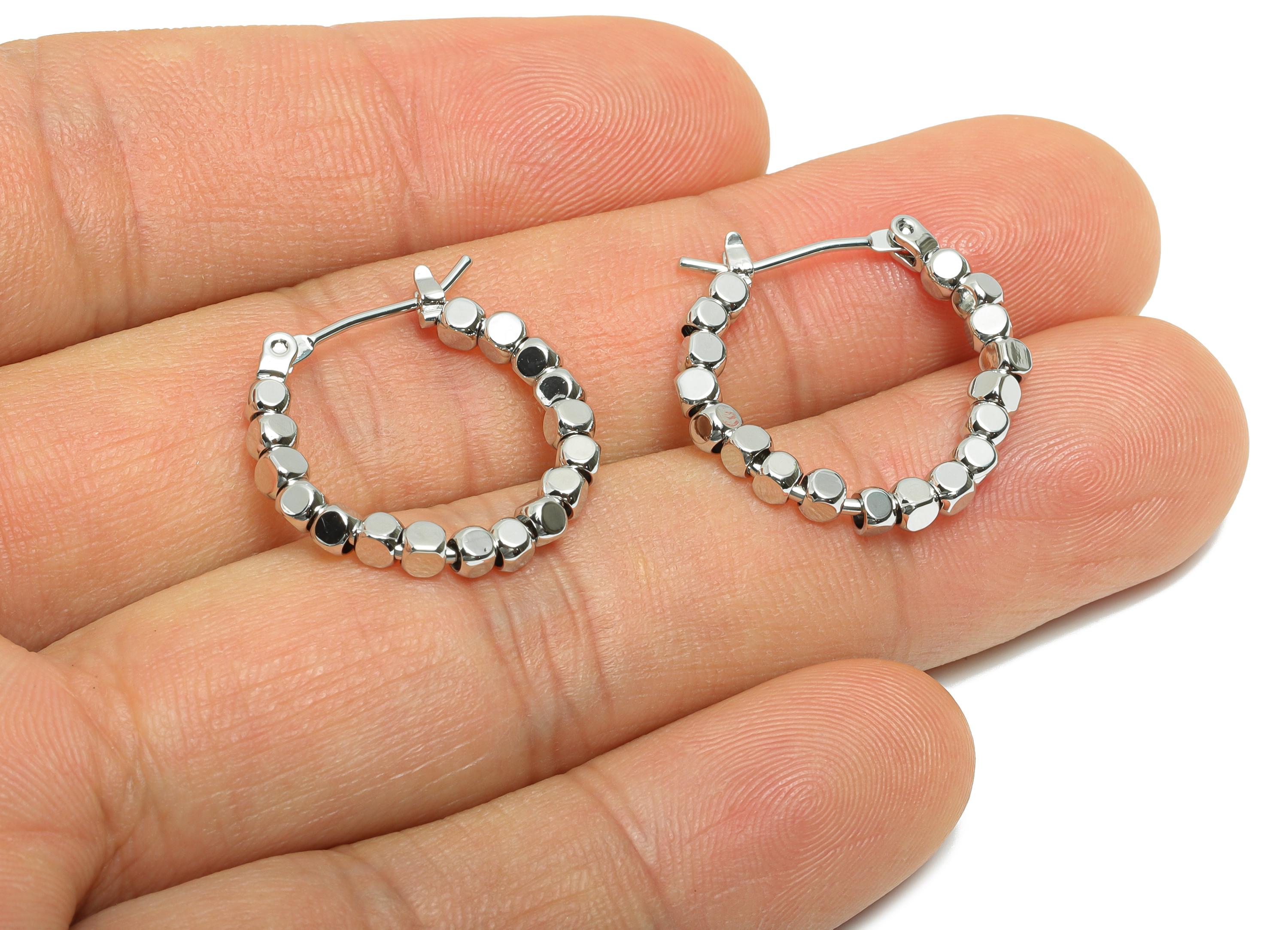 Brass Beaded Hoop Earring - Faceted Square Beaded Hoop - Hinged Back - Classic Hoop Jewelry - 18k White Gold Plated - 22x21x2.5mm - RGP10977 - DOMEDBAZAAR