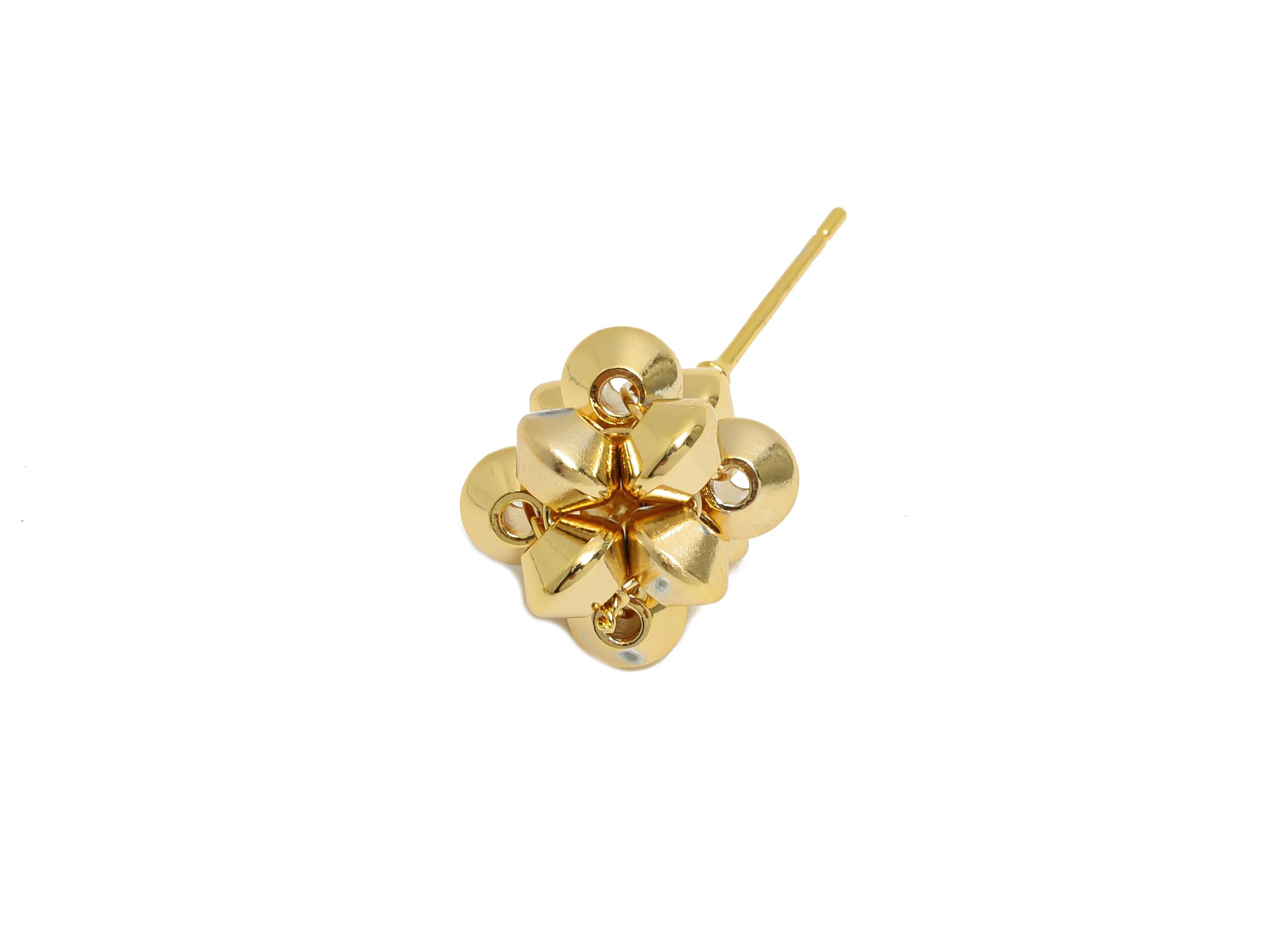 Brass Flower Earring Post - Brass Boho Bold Art Earring - Geometric Bead Cluster Earring - 18K Real Gold Plated - 24x12x11mm - RGP10810