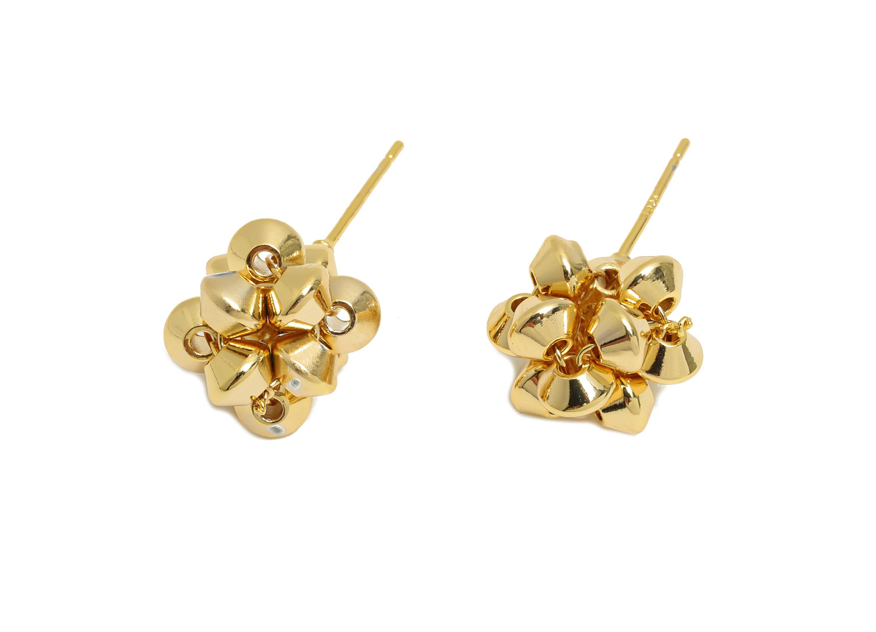 Brass Flower Earring Post - Brass Boho Bold Art Earring - Geometric Bead Cluster Earring - 18K Real Gold Plated - 24x12x11mm - RGP10810