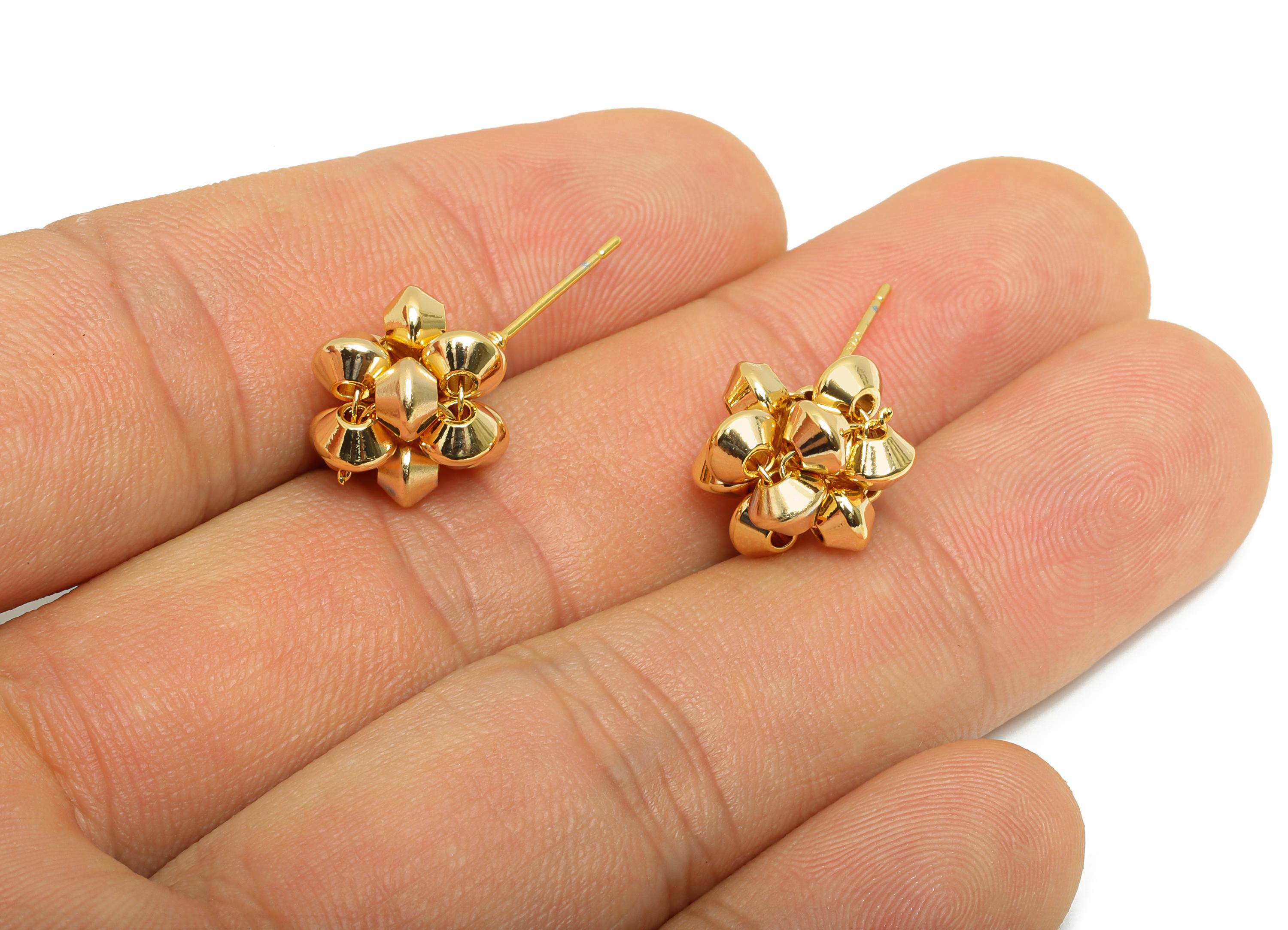 Brass Flower Earring Post - Brass Boho Bold Art Earring - Geometric Bead Cluster Earring - 18K Real Gold Plated - 24x12x11mm - RGP10810