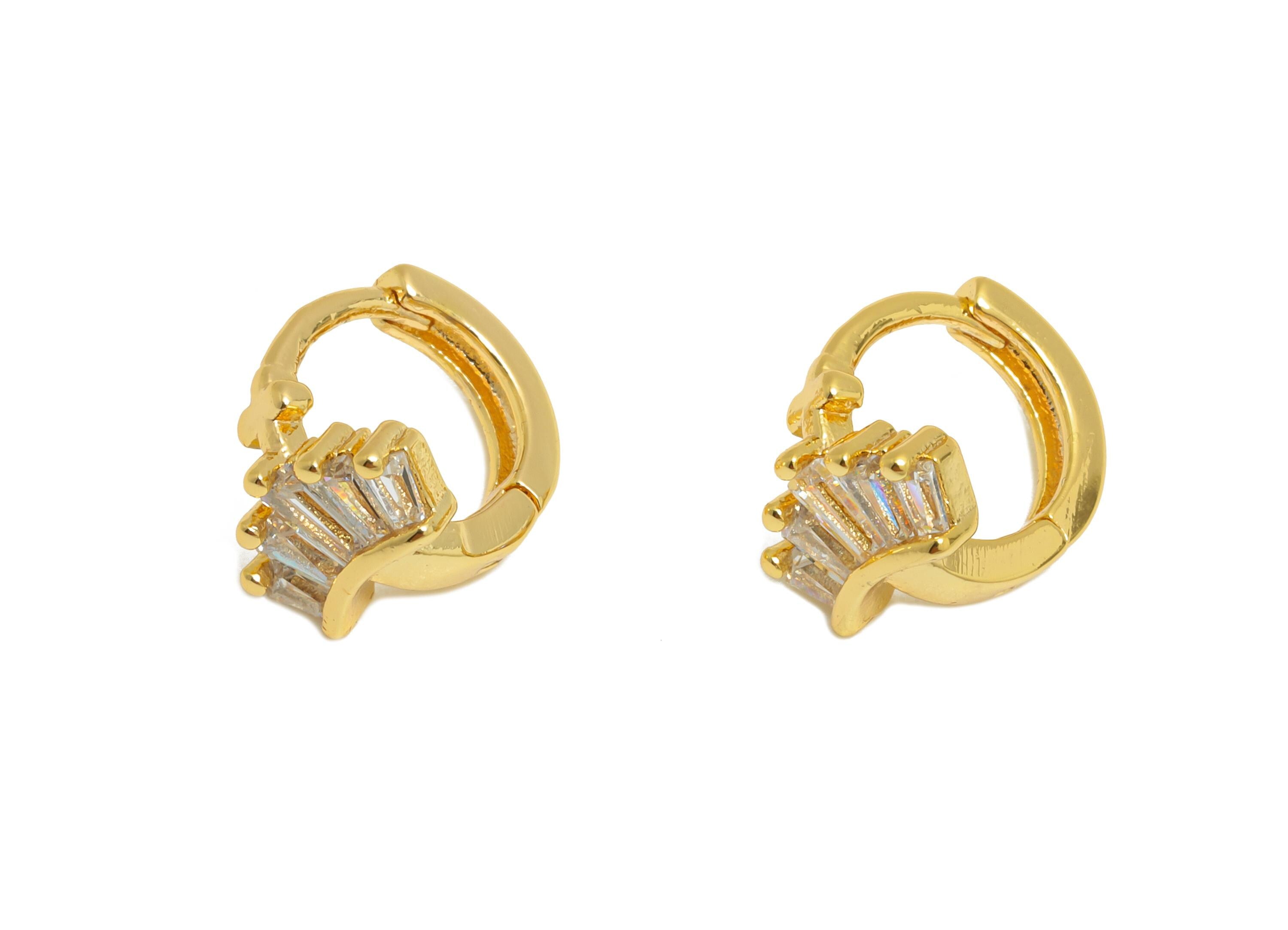 Brass CZ Huggie Hoop Earring - Tiny Brass Fan Zircon Earring - Minimalist Huggie Hoop Clasp - 18K Real Gold Plated - 9.55x8.3x7mm - RGP10898 - DOMEDBAZAAR