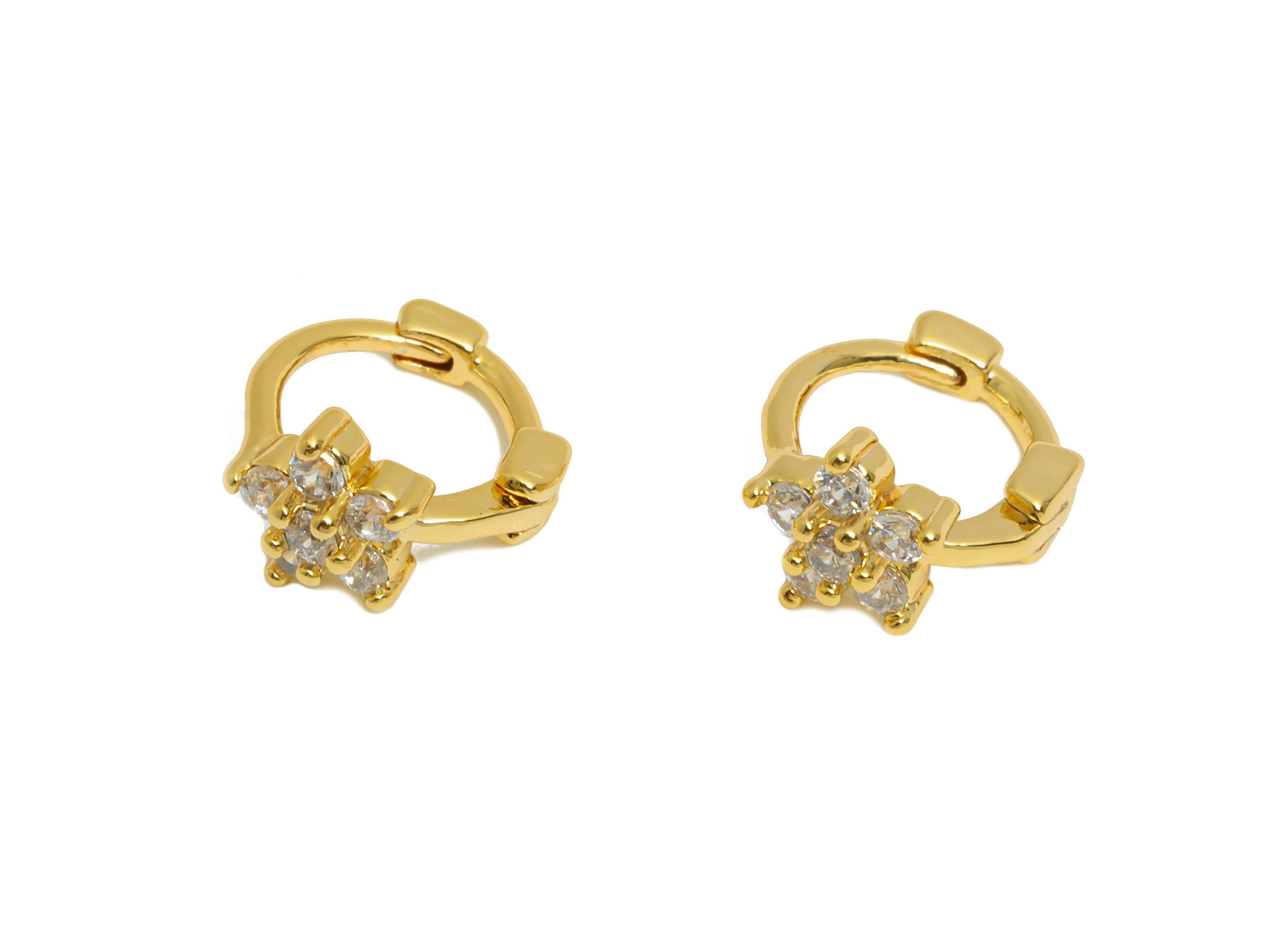 Brass CZ Floral Huggie Hoop Earring - Refined Flower Zircon Earring - Everyday Wear - 18K Real Gold Plated - 9.62x8x5.16mm - RGP10860 - DOMEDBAZAAR