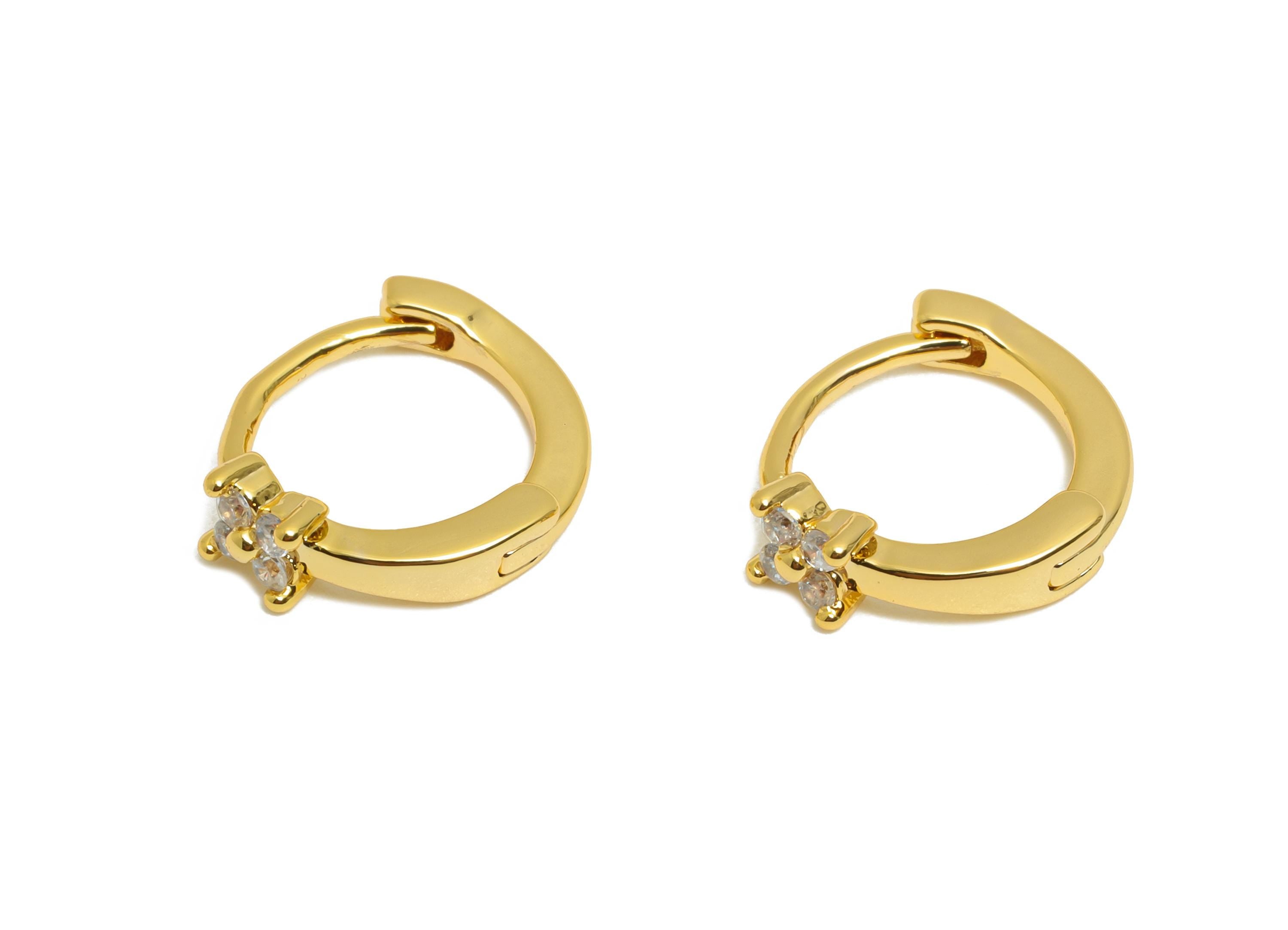 Brass CZ Floral Huggie Hoop Earring - Brass Zircon Earring - Sparkling Huggie Hoop Clasp - 18K Real Gold Plated - 11.6x10.3x3.3mm - RGP10896 - DOMEDBAZAAR