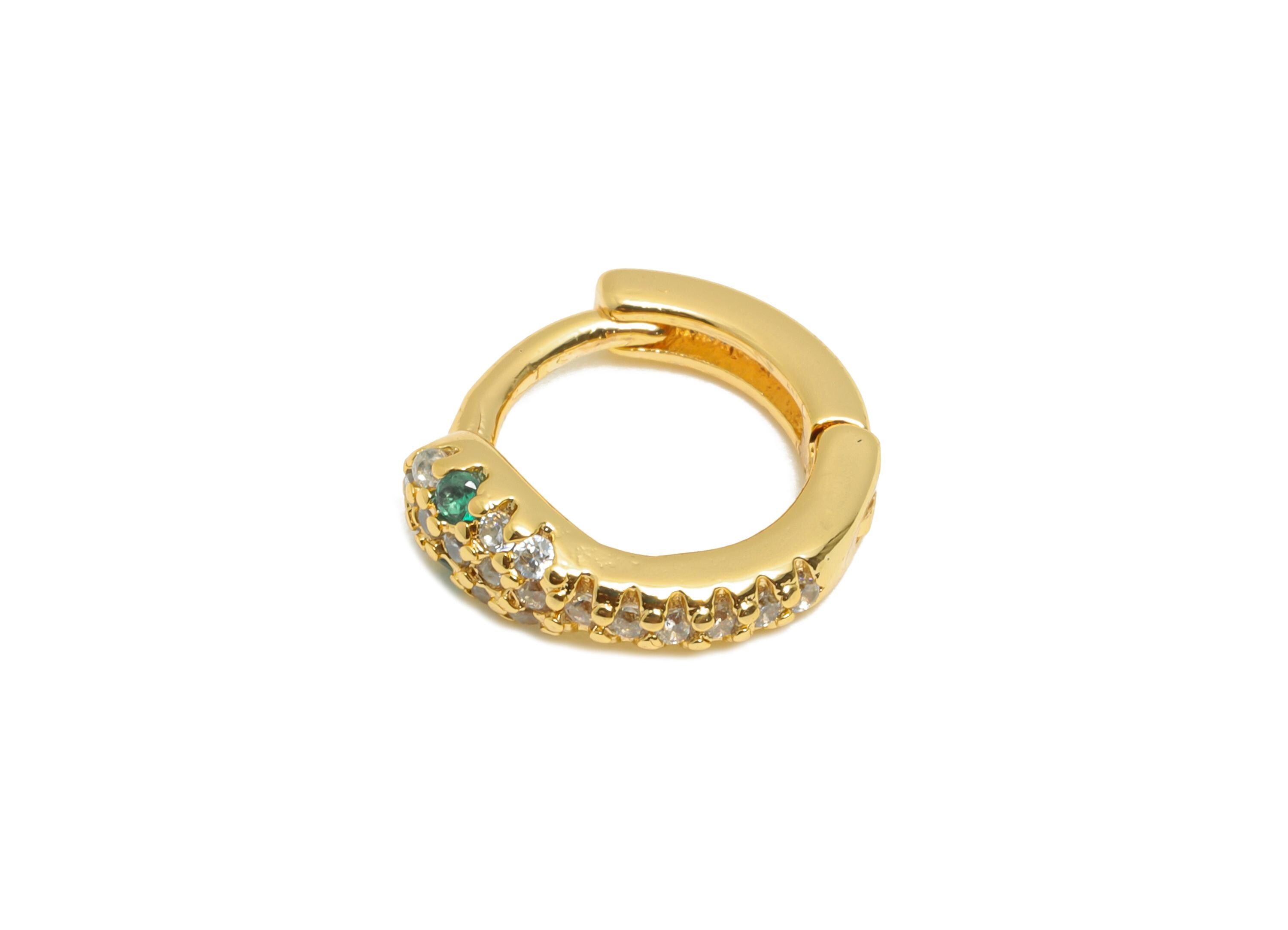 Brass CZ Snake Huggie Hoop Earring - Brass Green Zircon Hoop Earring - Dainty Huggie Hoop Clasp - 18K Real Gold Plated - 10x9x3mm - RGP10863 - DOMEDBAZAAR