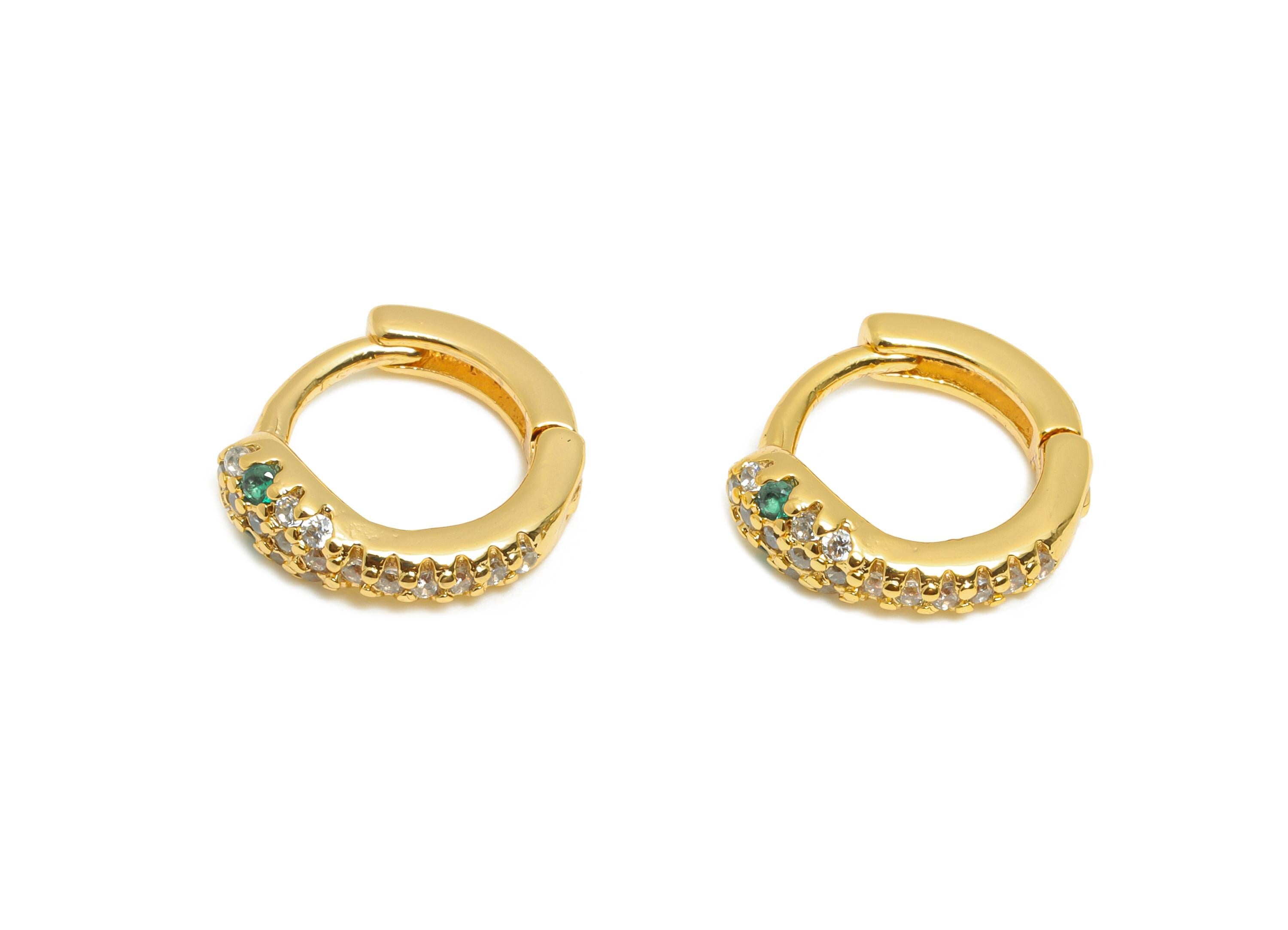 Brass CZ Snake Huggie Hoop Earring - Brass Green Zircon Hoop Earring - Dainty Huggie Hoop Clasp - 18K Real Gold Plated - 10x9x3mm - RGP10863 - DOMEDBAZAAR
