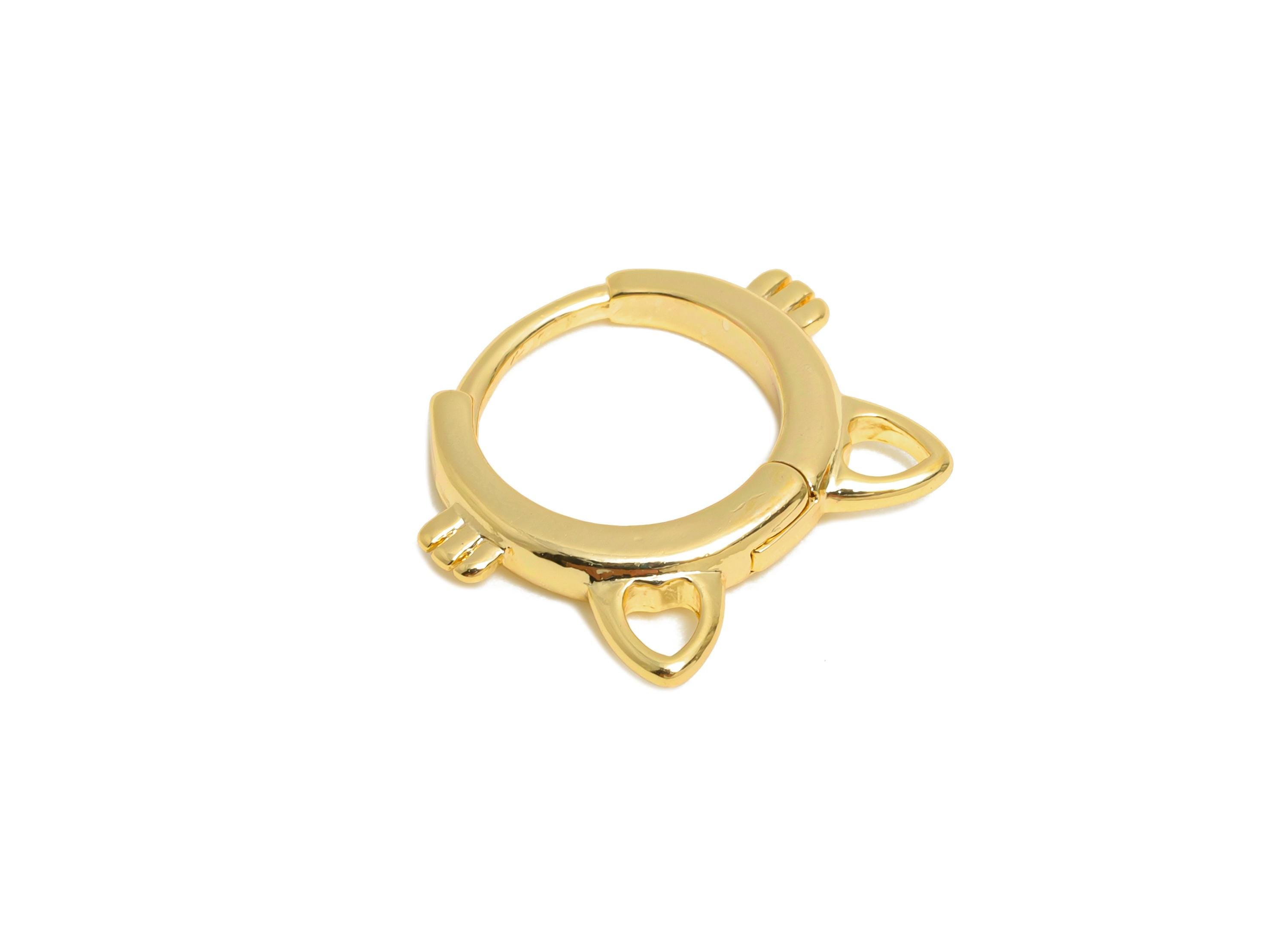 Brass Cat Huggie Hoop Earring - Brass Cat Face Earring - Kawaii Animal Huggie Hoop Clasp - 18K Real Gold Plated - 13.9x12x2.27mm - RGP10872 - DOMEDBAZAAR