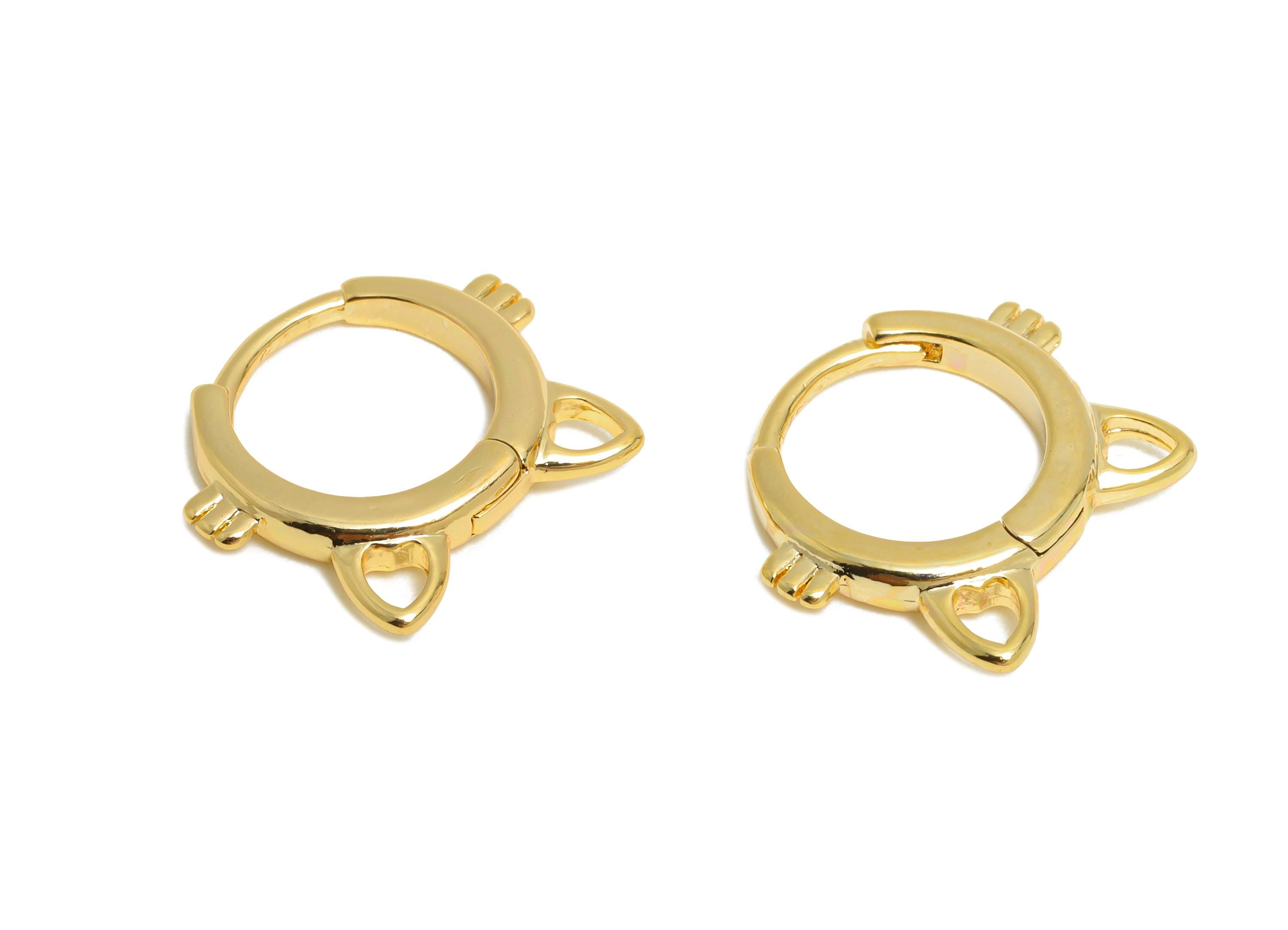 Brass Cat Huggie Hoop Earring - Brass Cat Face Earring - Kawaii Animal Huggie Hoop Clasp - 18K Real Gold Plated - 13.9x12x2.27mm - RGP10872 - DOMEDBAZAAR