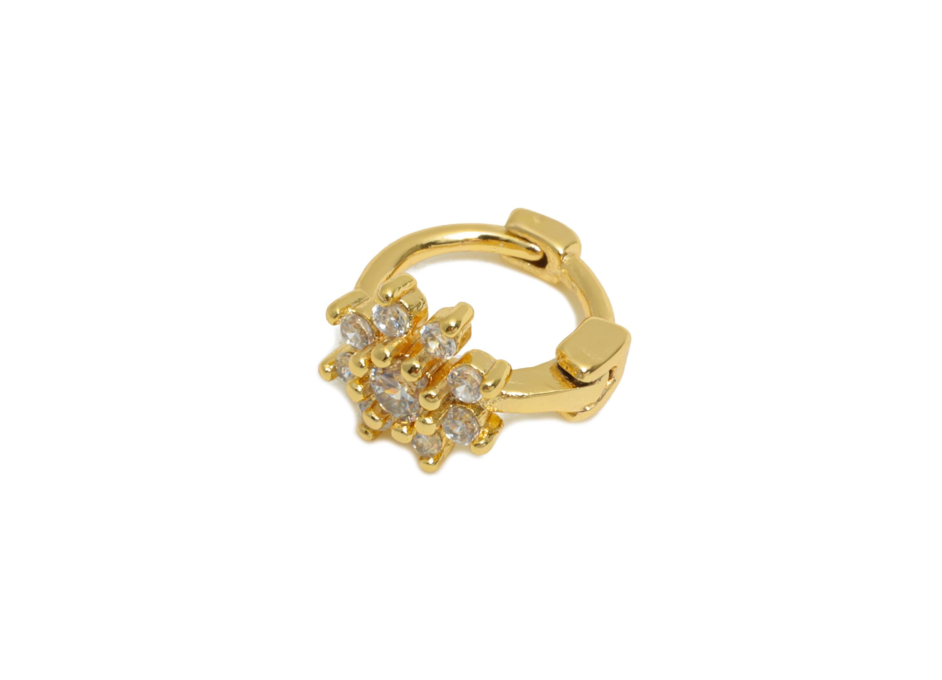 Brass CZ Huggie Hoop Earrings - Mini Zircon Earrings - Botanical Floral Huggie Hoop Clasps - 18K Real Gold Plated - 9x8.37x5.58mm - RGP10924 - DOMEDBAZAAR