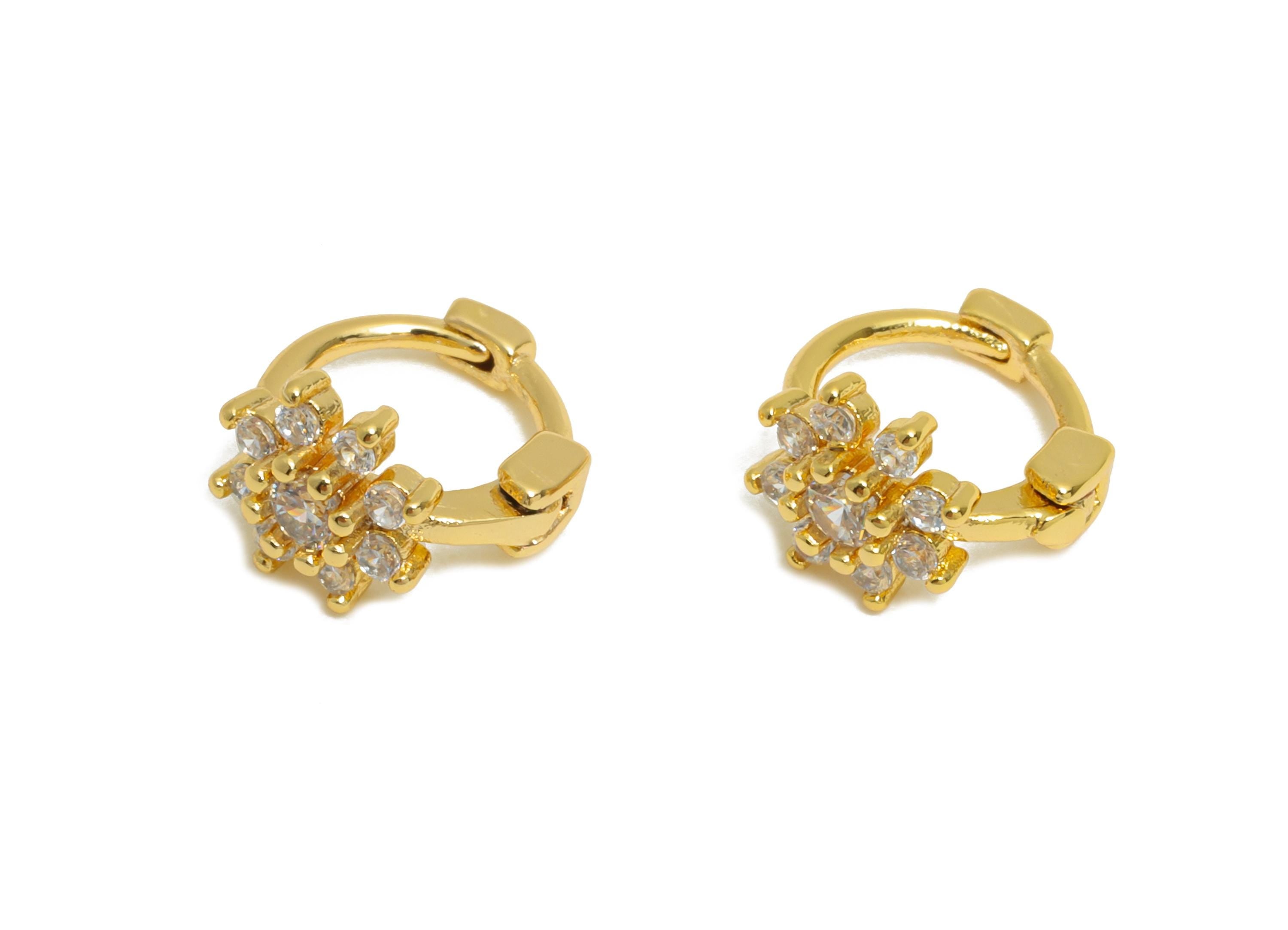 Brass CZ Huggie Hoop Earrings - Mini Zircon Earrings - Botanical Floral Huggie Hoop Clasps - 18K Real Gold Plated - 9x8.37x5.58mm - RGP10924 - DOMEDBAZAAR
