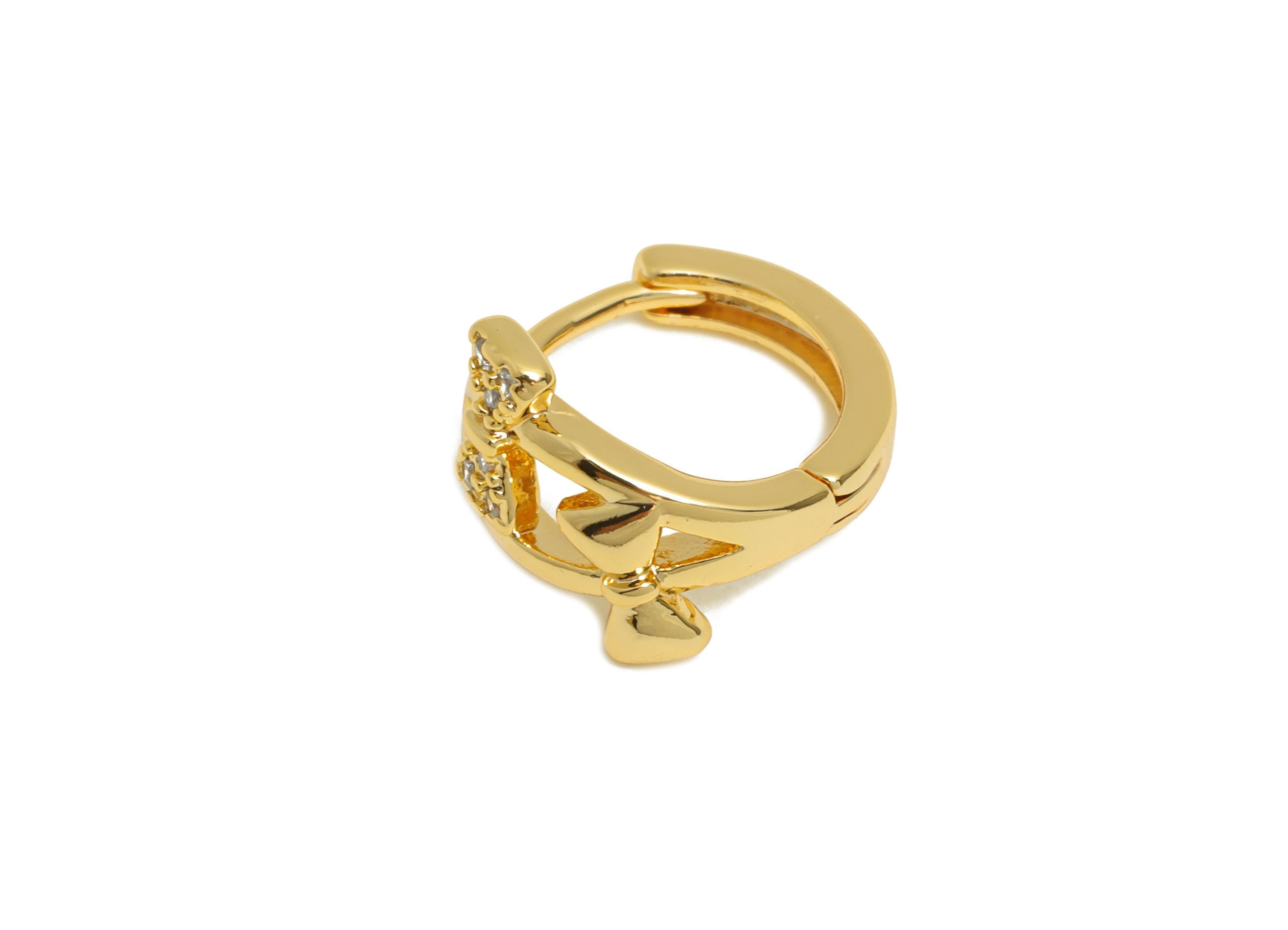 Brass CZ Bow Huggie Hoop Earring - Cute Brass Bow Zircon Earring - Dainty Huggie Hoop Clasp - 18K Real Gold Plated - 13.5x11.8x7mm -RGP10890 - DOMEDBAZAAR