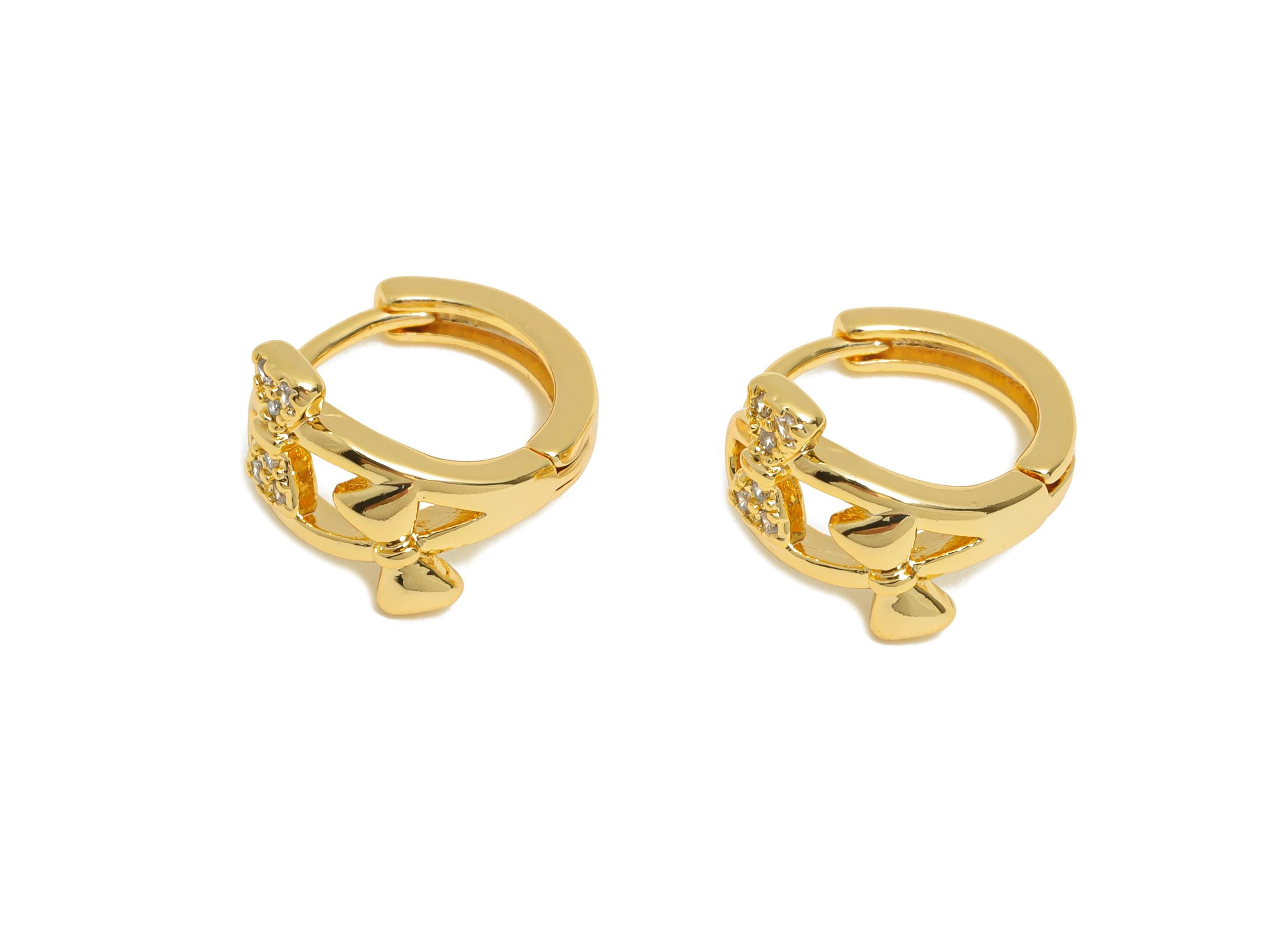 Brass CZ Bow Huggie Hoop Earring - Cute Brass Bow Zircon Earring - Dainty Huggie Hoop Clasp - 18K Real Gold Plated - 13.5x11.8x7mm -RGP10890 - DOMEDBAZAAR