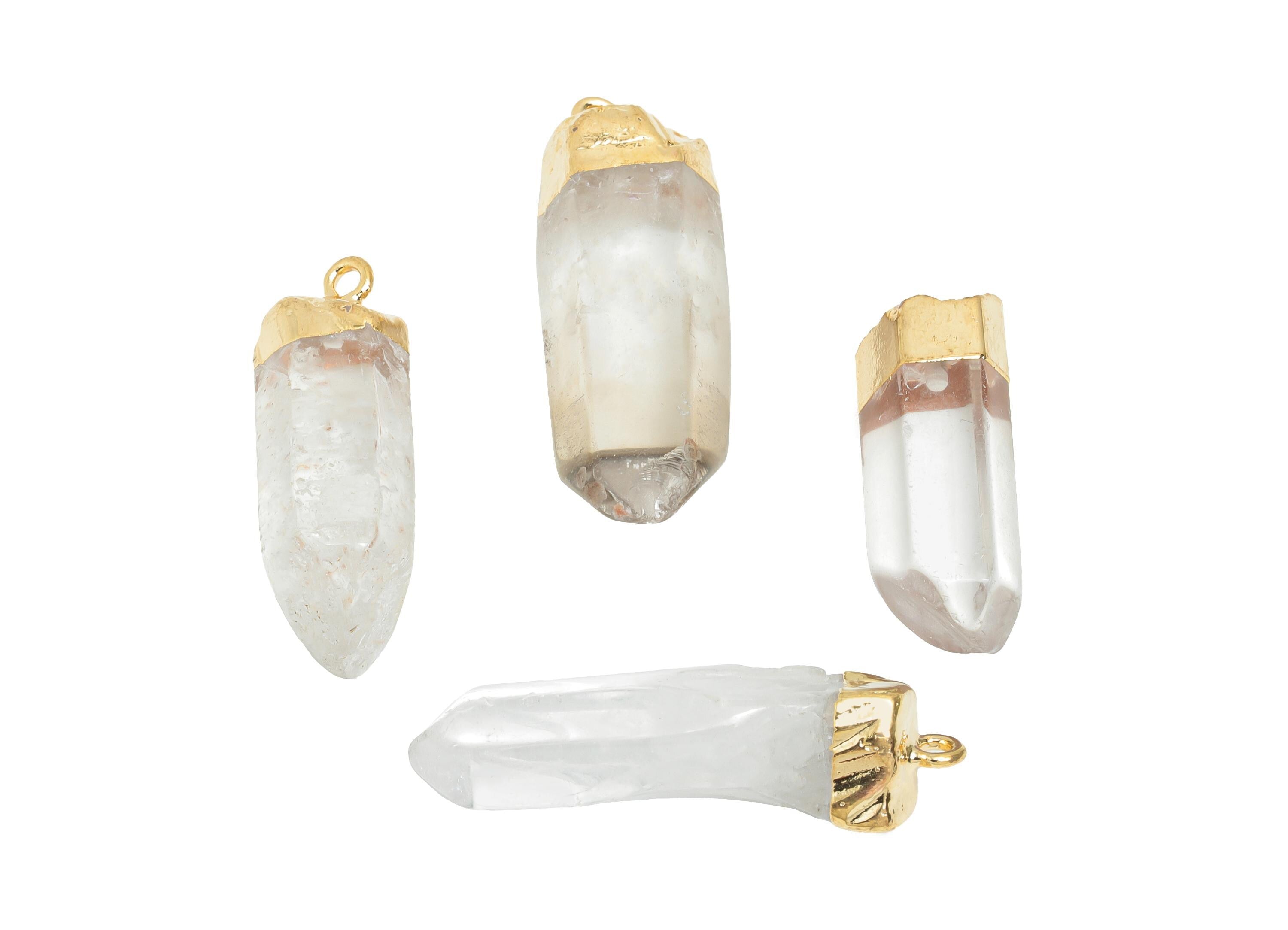 White Crystal Tower Pendant - Raw Gemstone Columnar Charm for Necklace - Healing Stone Jewelry - KC Gold Tone Plated - 34.8x10x10mm - NS3036 - DOMEDBAZAAR