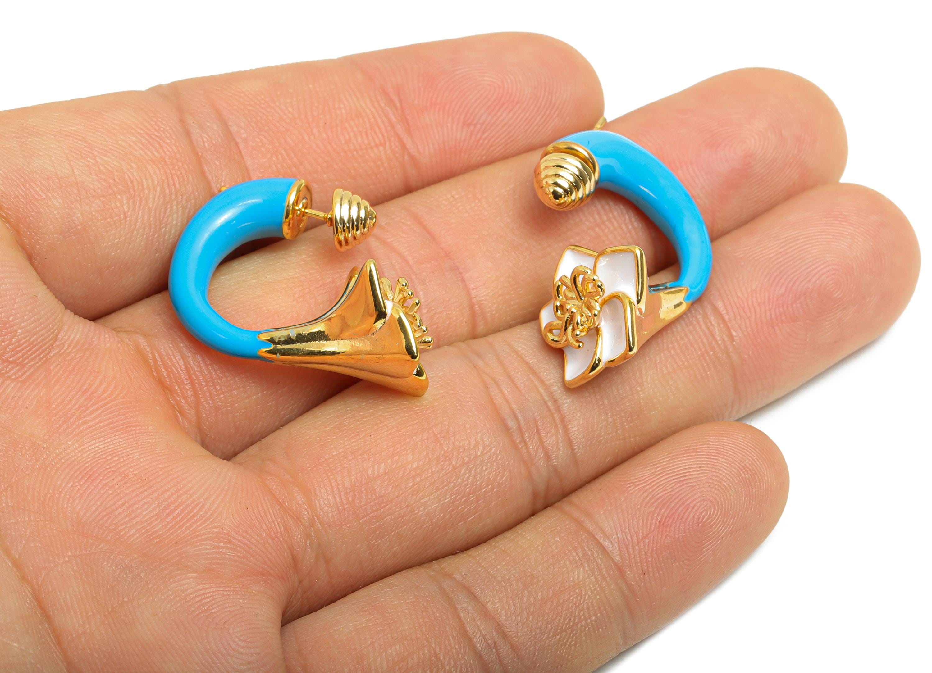 Brass Enamel Flower Earring Set - Blue Enamel Flower Earring Stud - Chunky Floral Hoop Post - 18K Real Gold Plated - 30x19x15mm - RGP10968A