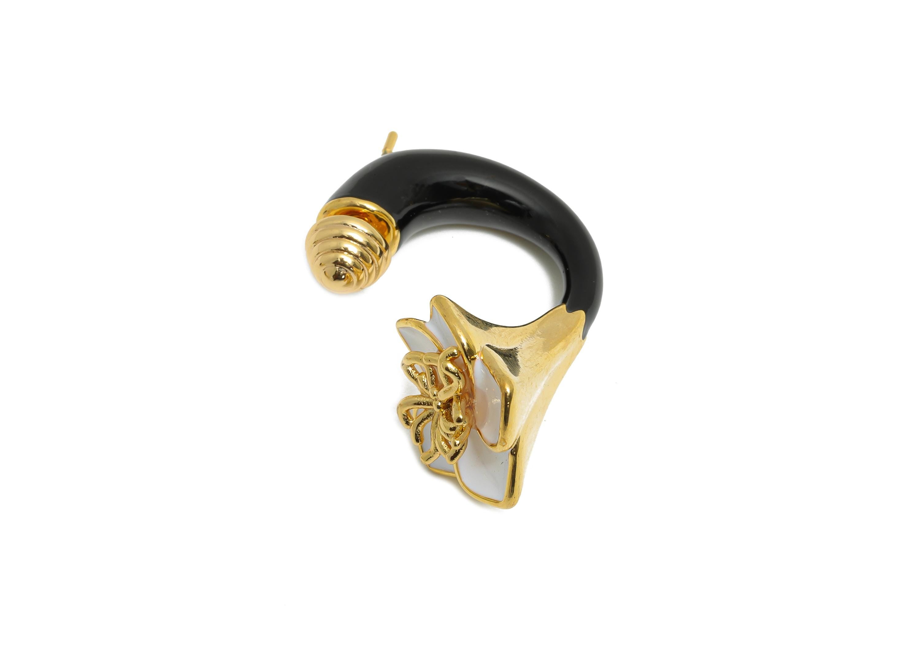 Brass Enamel Flower Earring Set - Black Enamel Flower Earring Stud - Chunky Floral Hoop Post - 18K Real Gold Plated - 30x19x15mm - RGP10968B