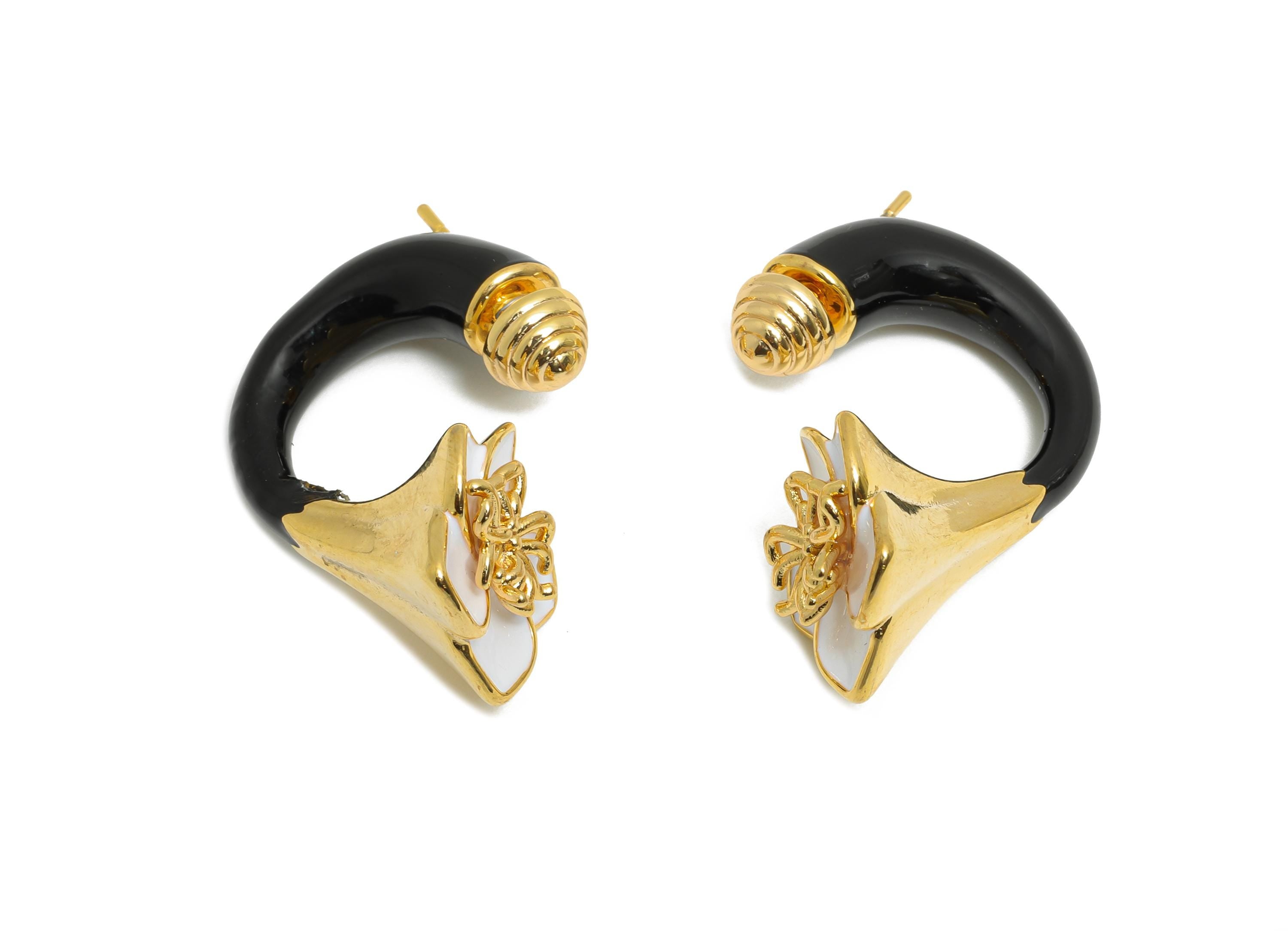 Brass Enamel Flower Earring Set - Black Enamel Flower Earring Stud - Chunky Floral Hoop Post - 18K Real Gold Plated - 30x19x15mm - RGP10968B