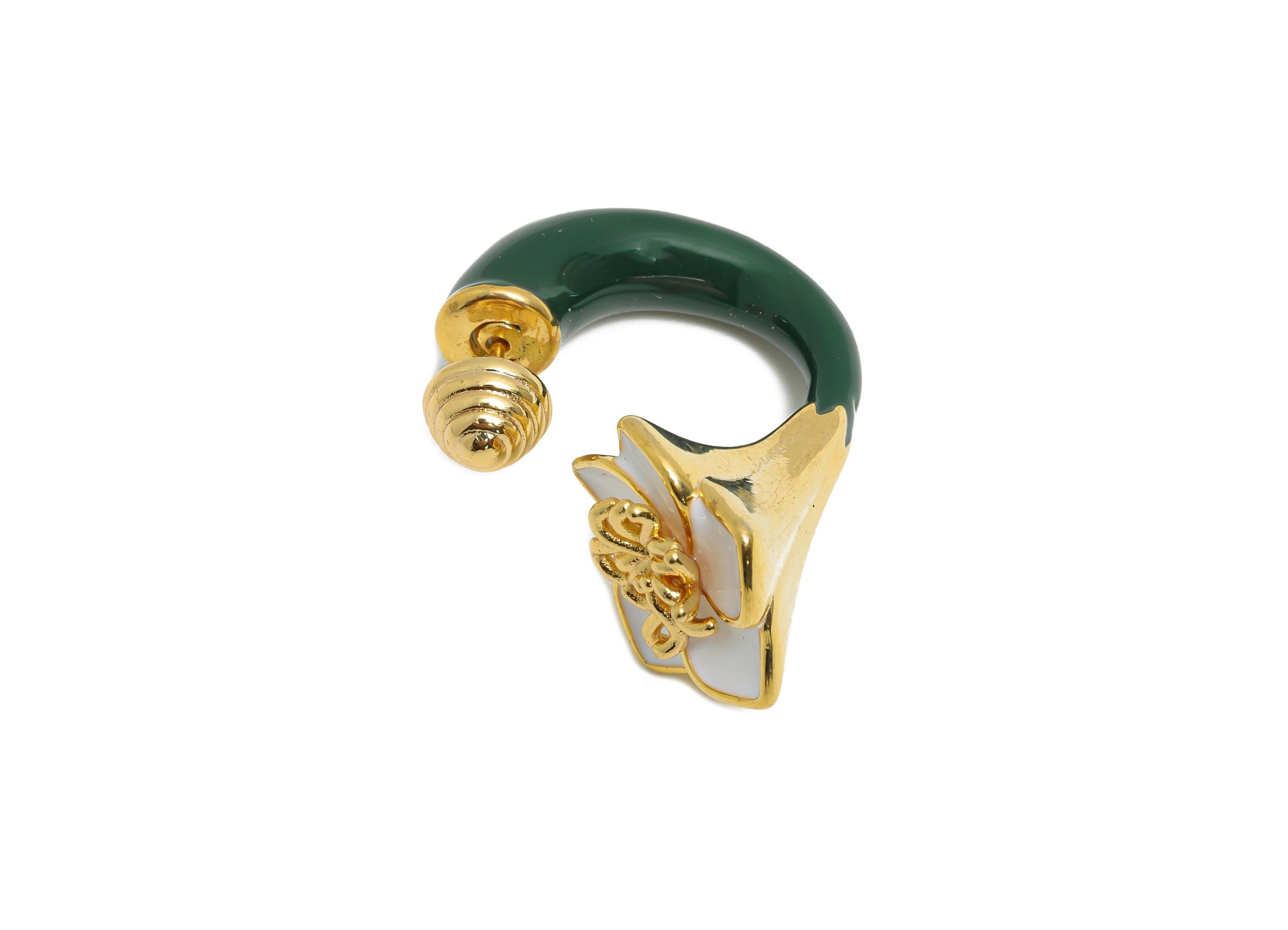 Brass Enamel Flower Earring Set - Green Enamel Flower Earring Stud - Chunky Floral Hoop Post - 18K Real Gold Plated - 30x19x15mm - RGP10968F