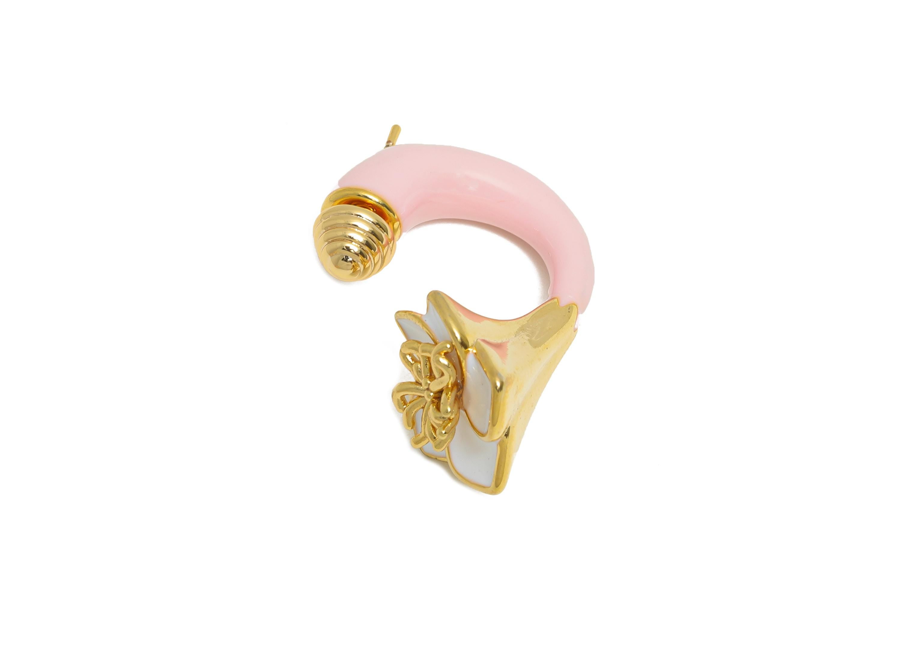 Brass Enamel Flower Earring Set - Pink Enamel Flower Earring Stud - Chunky Floral Hoop Post - 18K Real Gold Plated - 30x19x15mm - RGP10968E