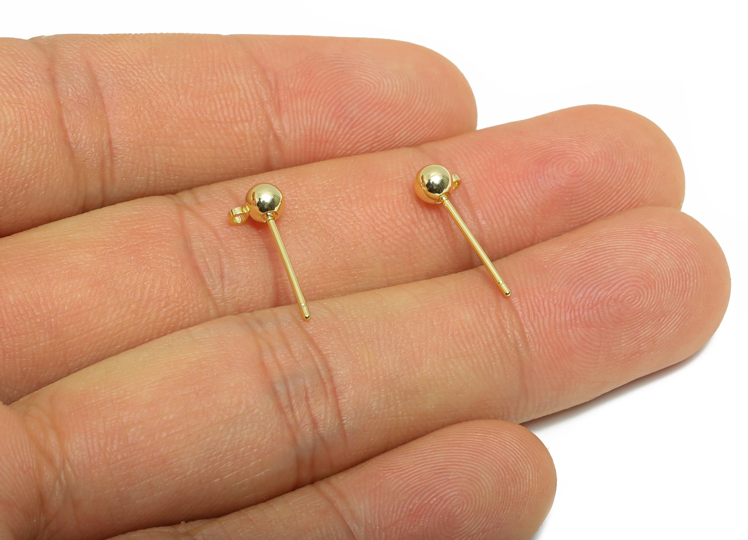 Brass Bead Earring Stud - Brass Gold Ball Earring Post With Loop - Dainty Earring Base with Loop - 18K Real Gold Plated - 16x4x4mm -RGP10440 - DOMEDBAZAAR