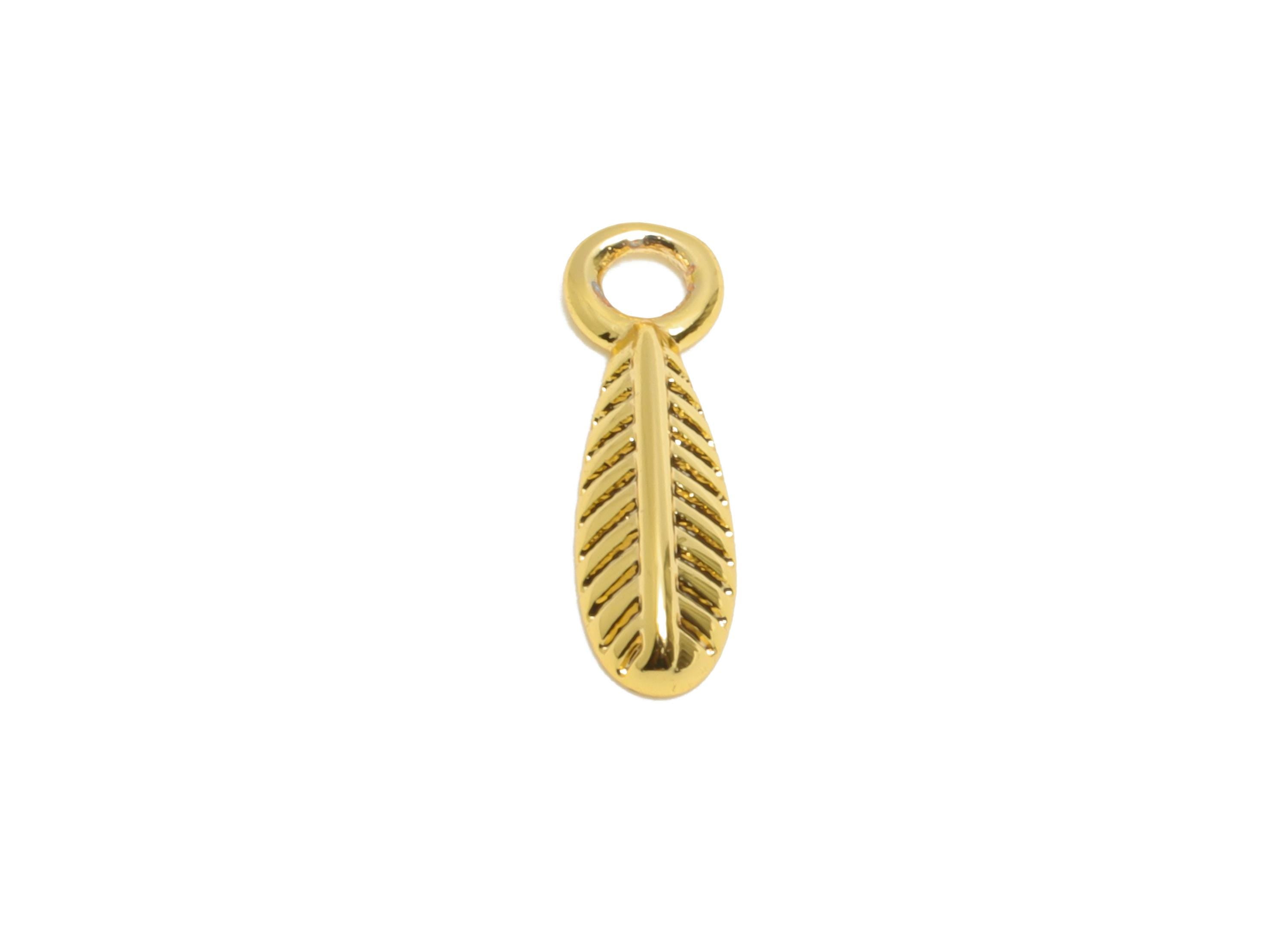 Brass Feather Earring Charm - Textured Gold Feather Pendant - DIY Necklace Jewelry Component - 18K Real Gold Plated - 10x3x1.7mm - RGP10961 - DOMEDBAZAAR
