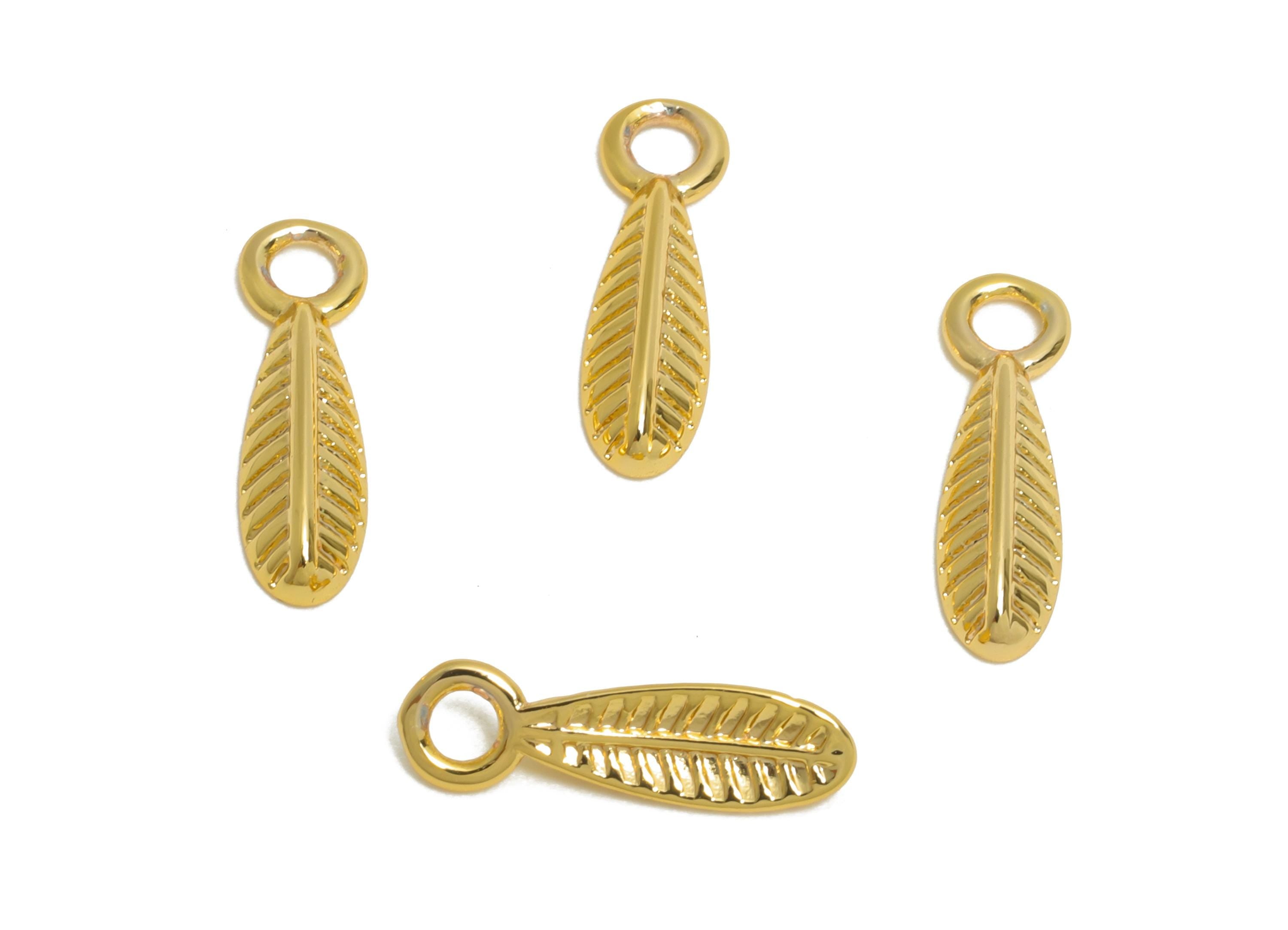Brass Feather Earring Charm - Textured Gold Feather Pendant - DIY Necklace Jewelry Component - 18K Real Gold Plated - 10x3x1.7mm - RGP10961 - DOMEDBAZAAR