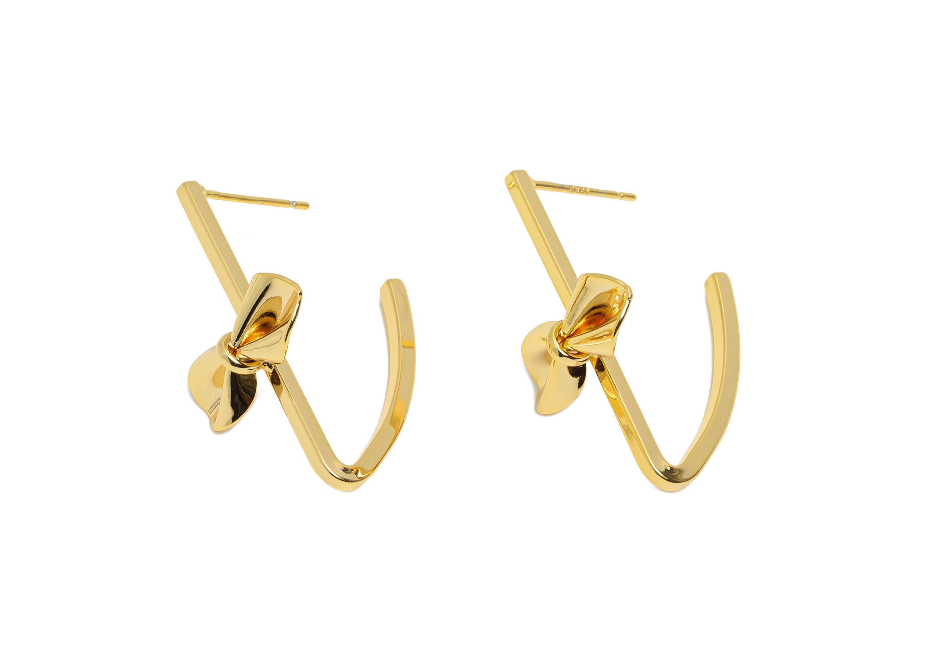 Brass Bow Hoop Earring Post - Brass Modern Bow Earring Stud - Butterfly Bow Hoop Earring Stud - 18K Real Gold Plating - 30x16x18mm- RGP10800 - DOMEDBAZAAR